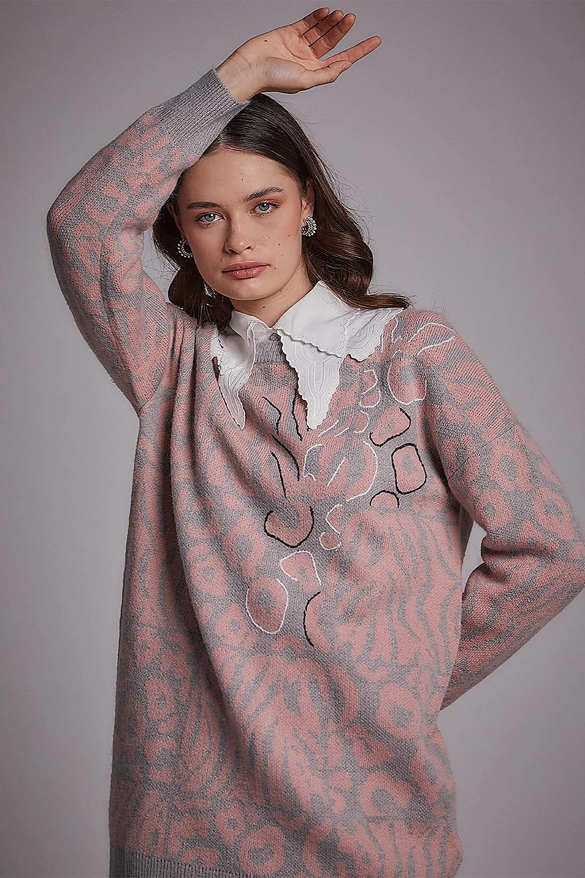  Exclusive Soyut Desenli Triko Tunik Gri-Pembe