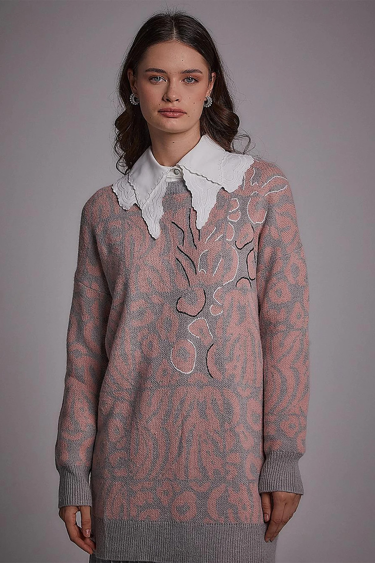  Exclusive Soyut Desenli Triko Tunik Gri-Pembe
