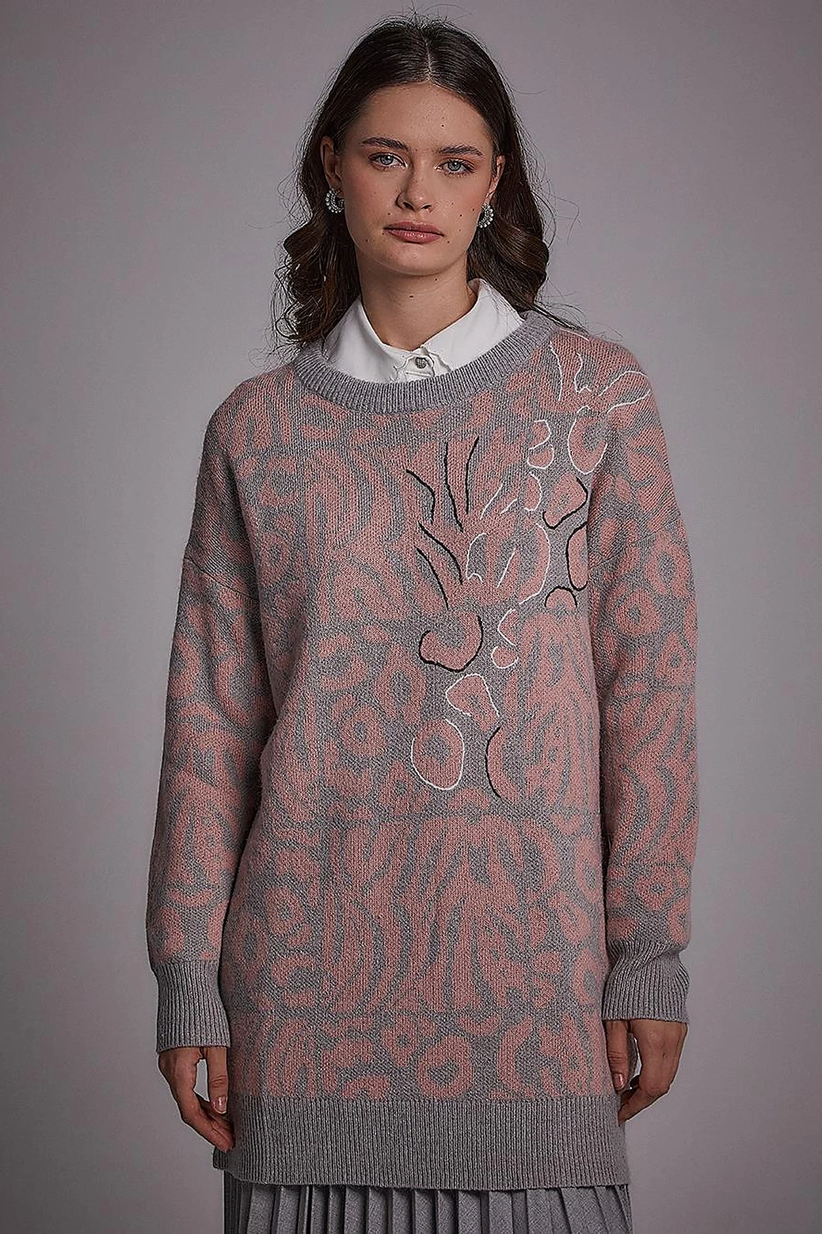  Exclusive Soyut Desenli Triko Tunik Gri-Pembe