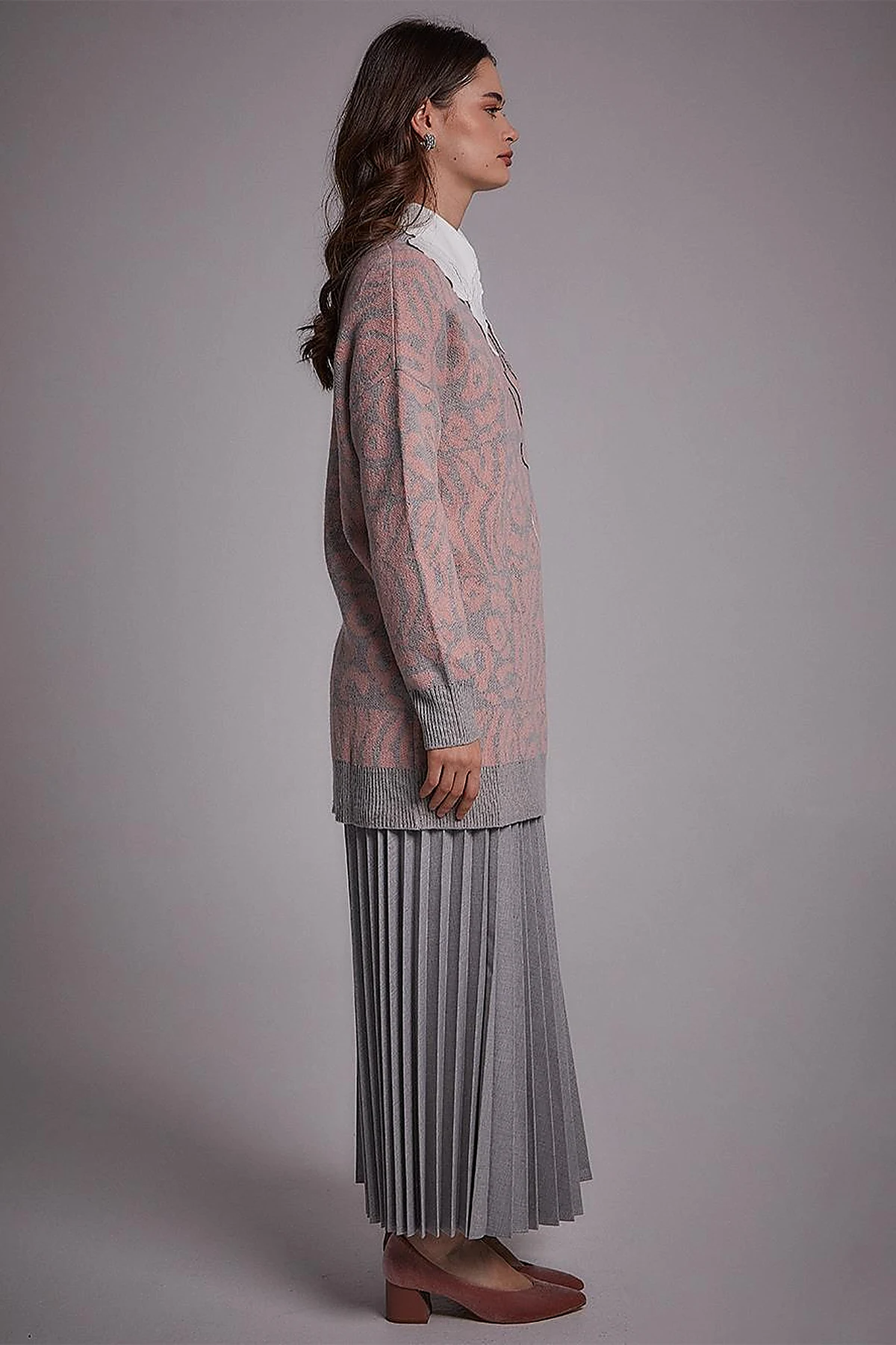  Exclusive Soyut Desenli Triko Tunik Gri-Pembe