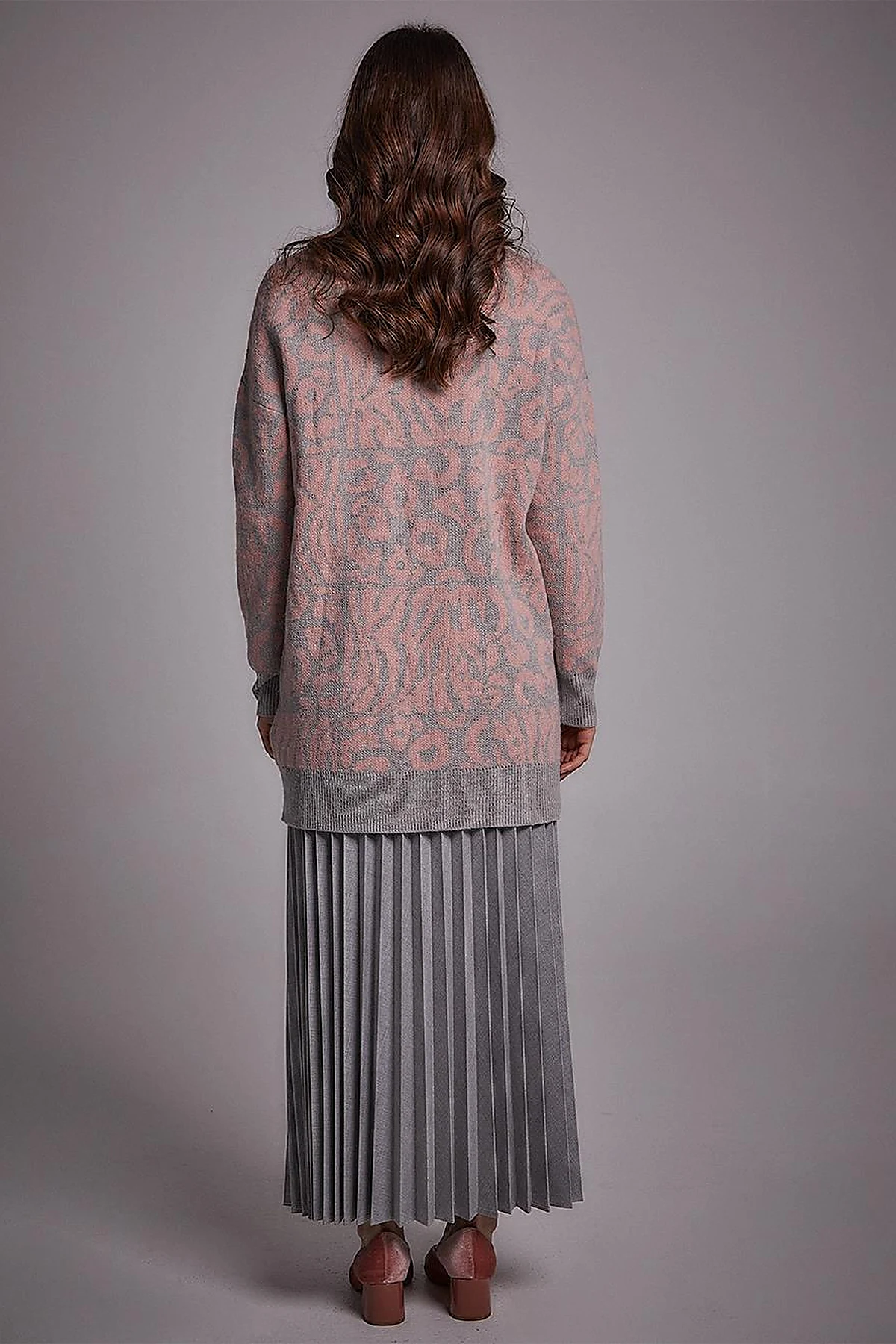  Exclusive Soyut Desenli Triko Tunik Gri-Pembe
