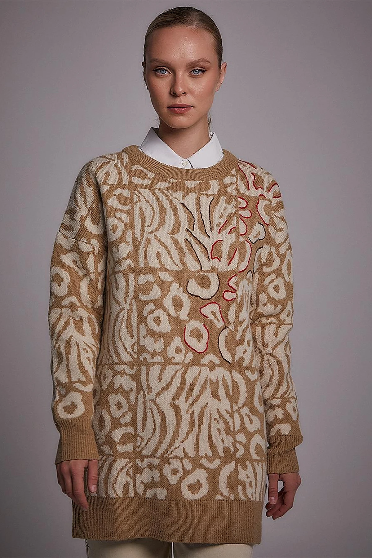 Exclusive Soyut Desenli Triko Tunik Bej-Ekru