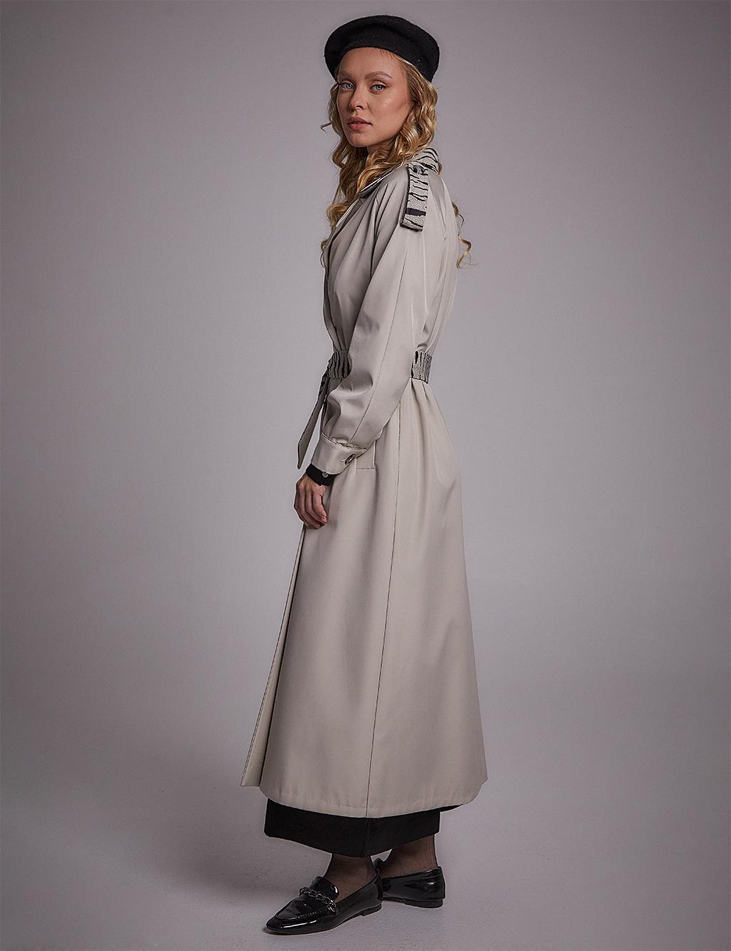Maxi Trench Coat with Animal Print Details