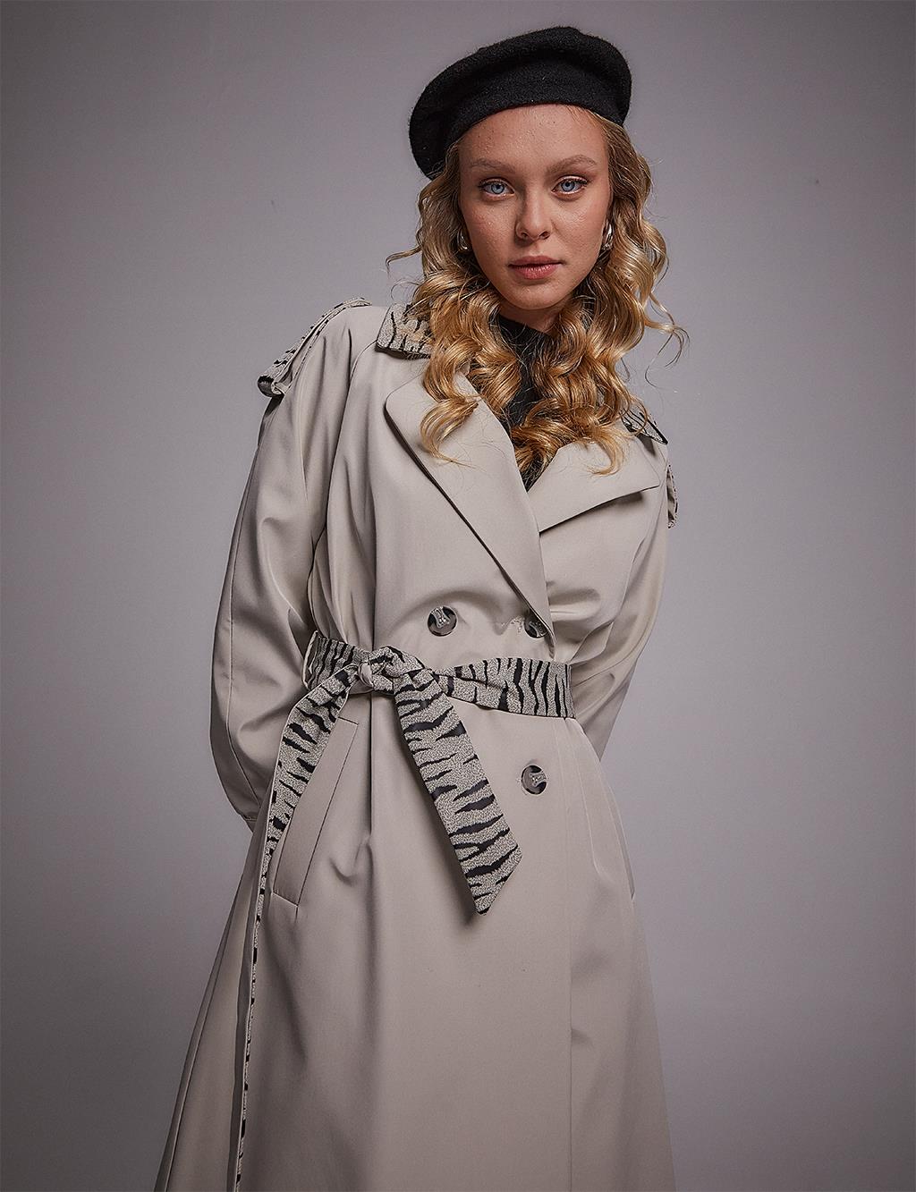 Maxi Trench Coat with Animal Print Details