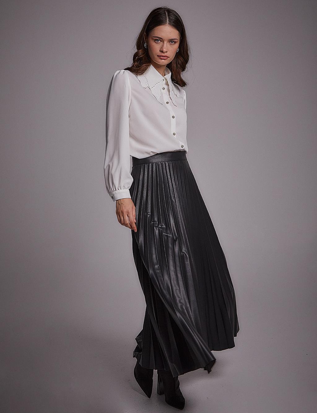 Faux Leather Pleated Skirt Black 