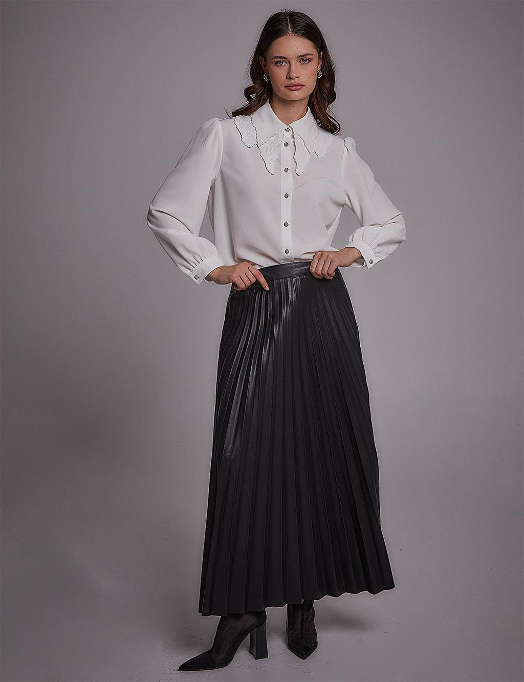 Faux Leather Pleated Skirt Black 