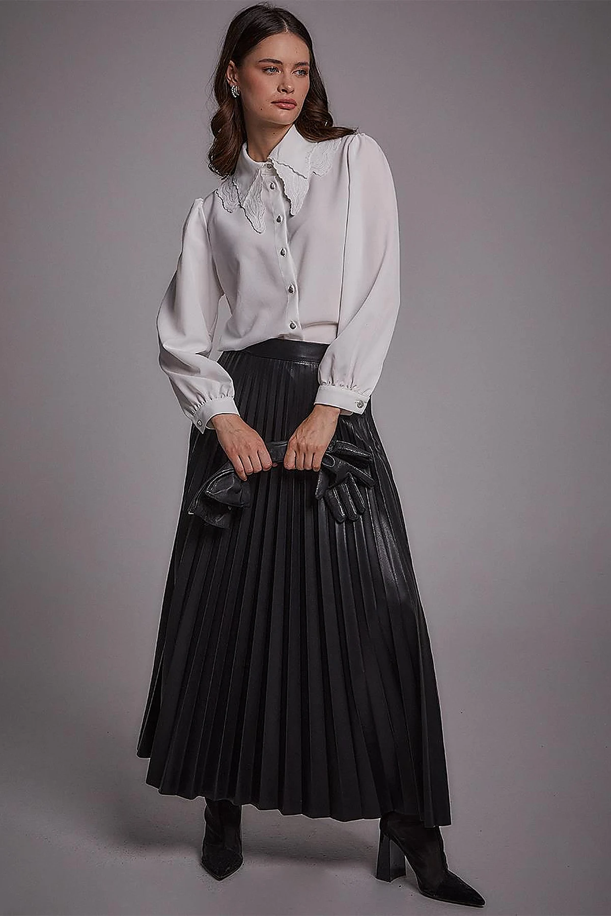 Faux Leather Pleated Skirt Black 
