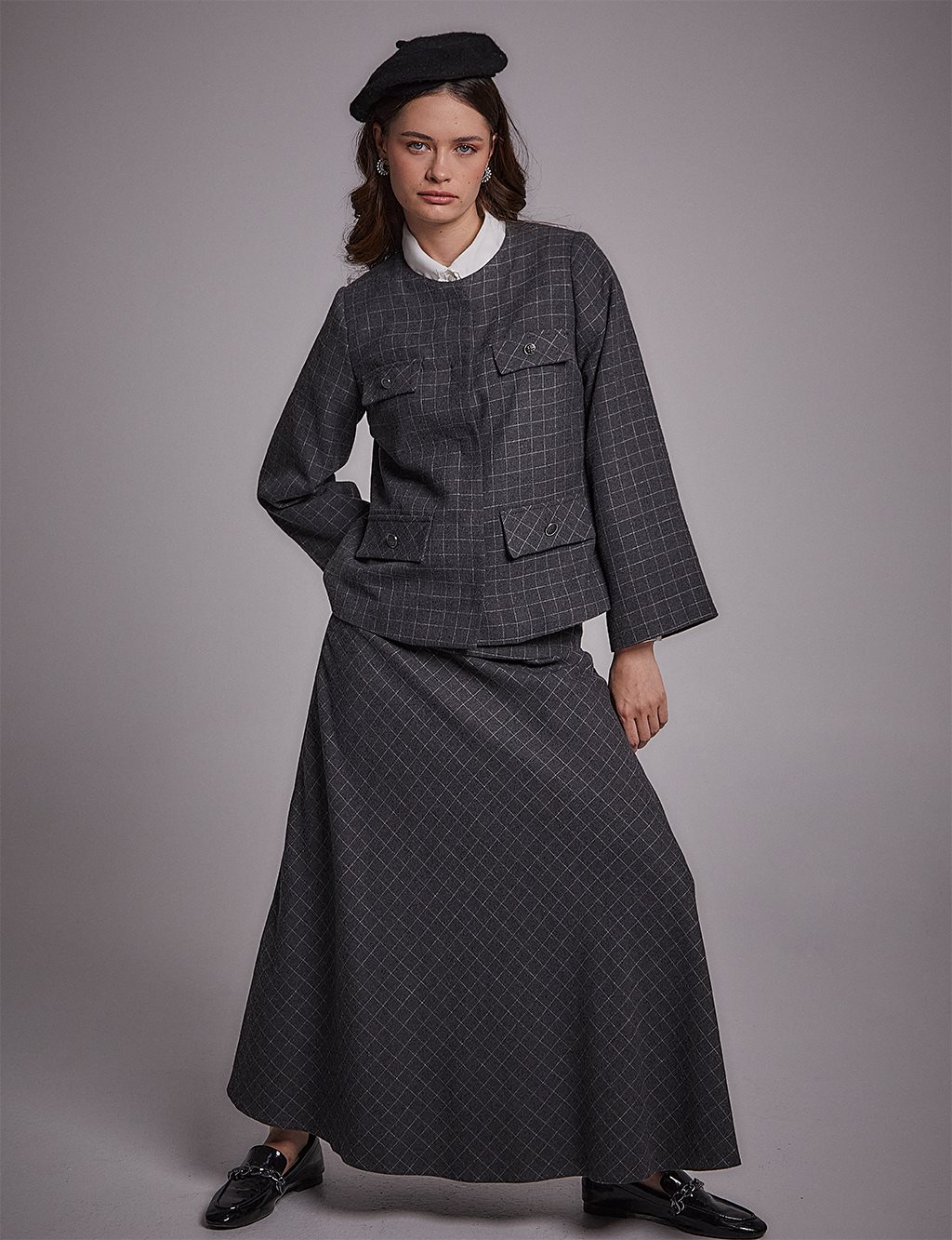 Checked A-Line Skirt Smoked