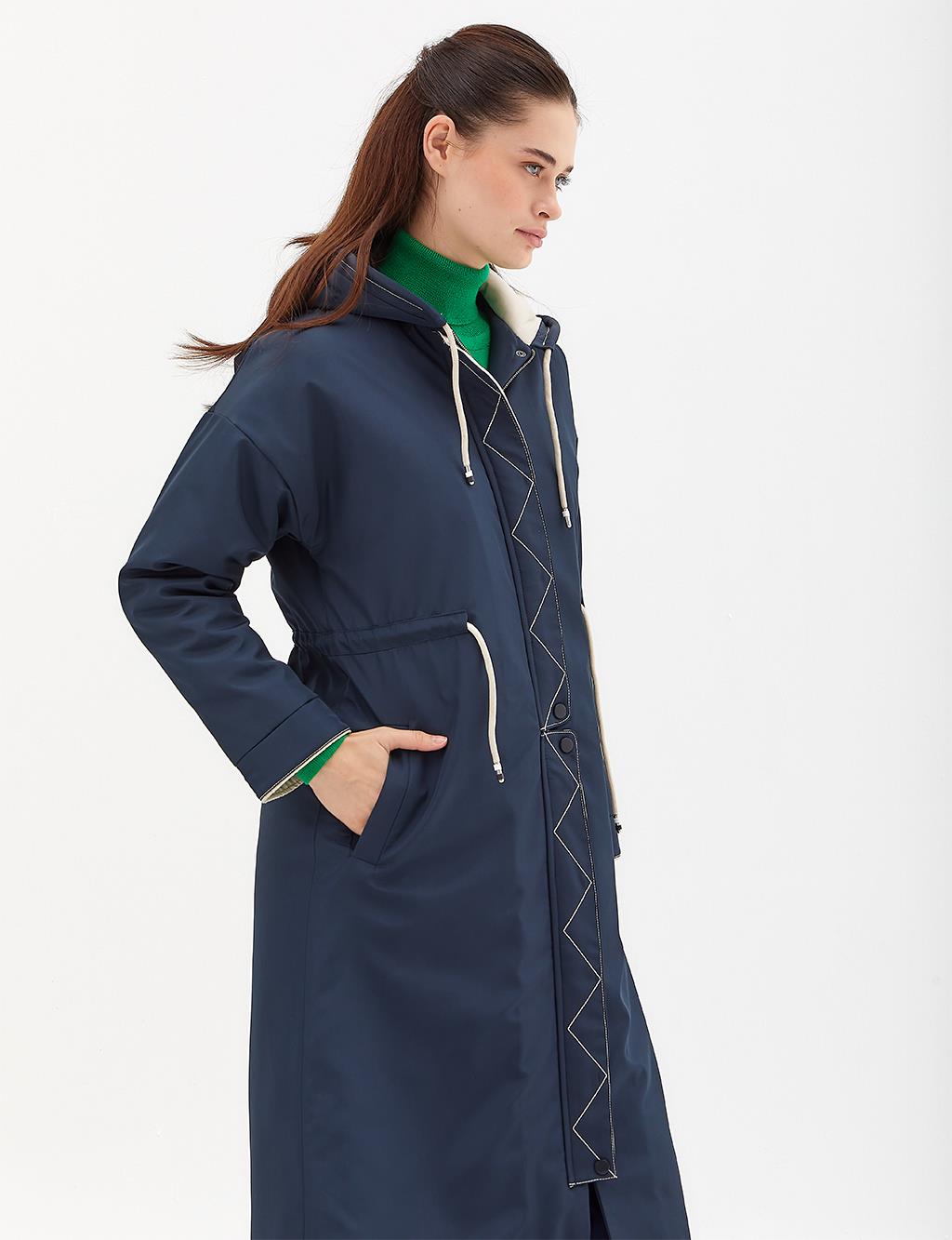 Waist Pleated Hooded Inflatable Coat Navy