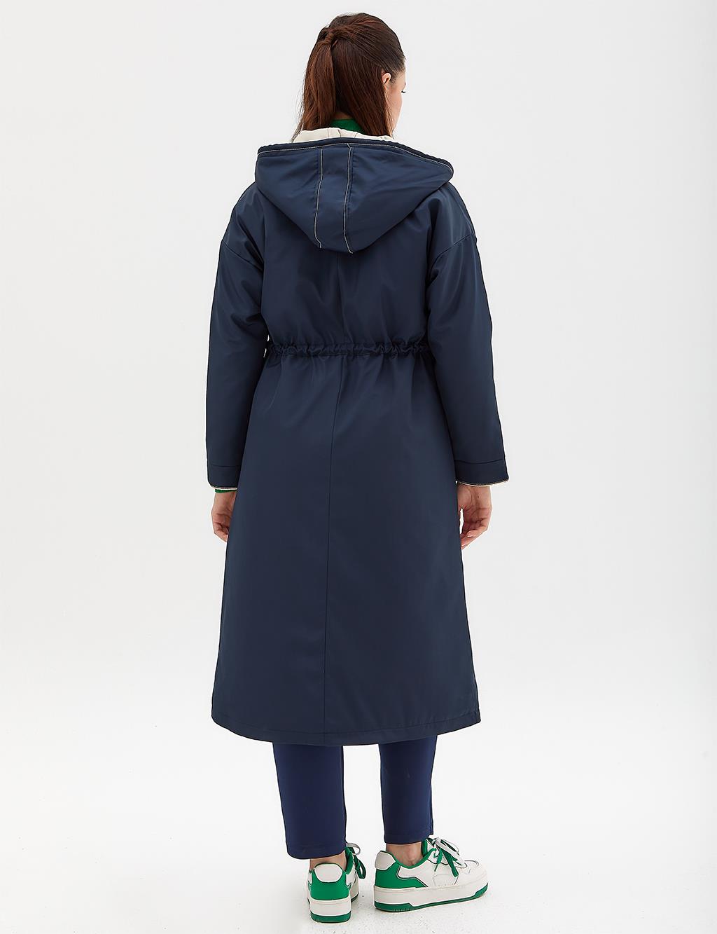 Waist Pleated Hooded Inflatable Coat Navy