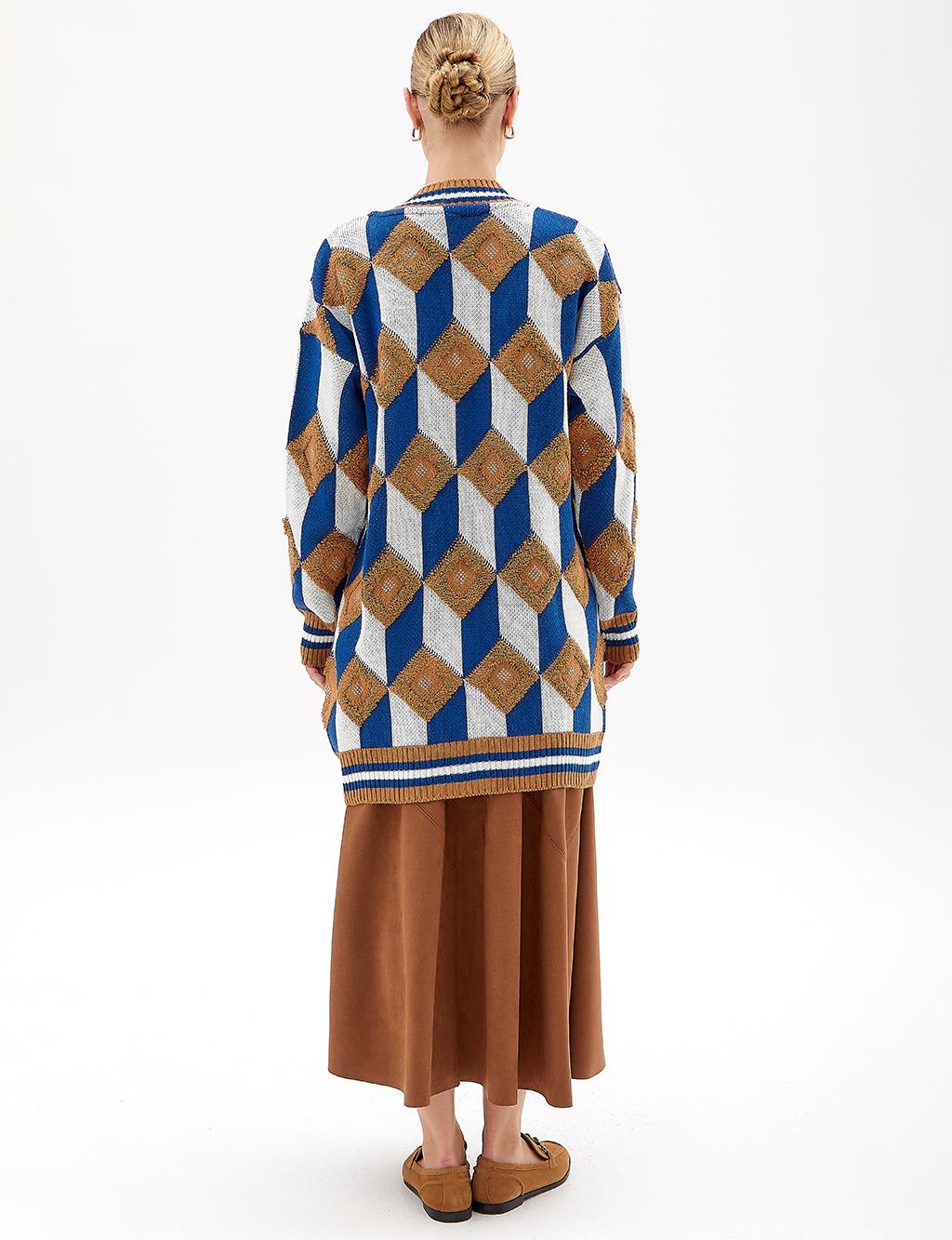 Geometric Pattern Cardigan Camel