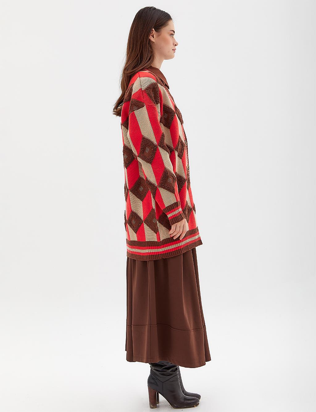 Square Motif Knitwear Cardigan Brown