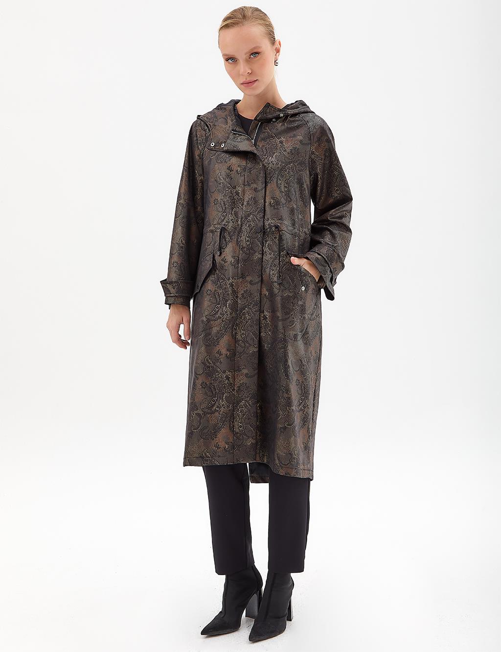 Overize Trench Coat With Floral Pattern Black