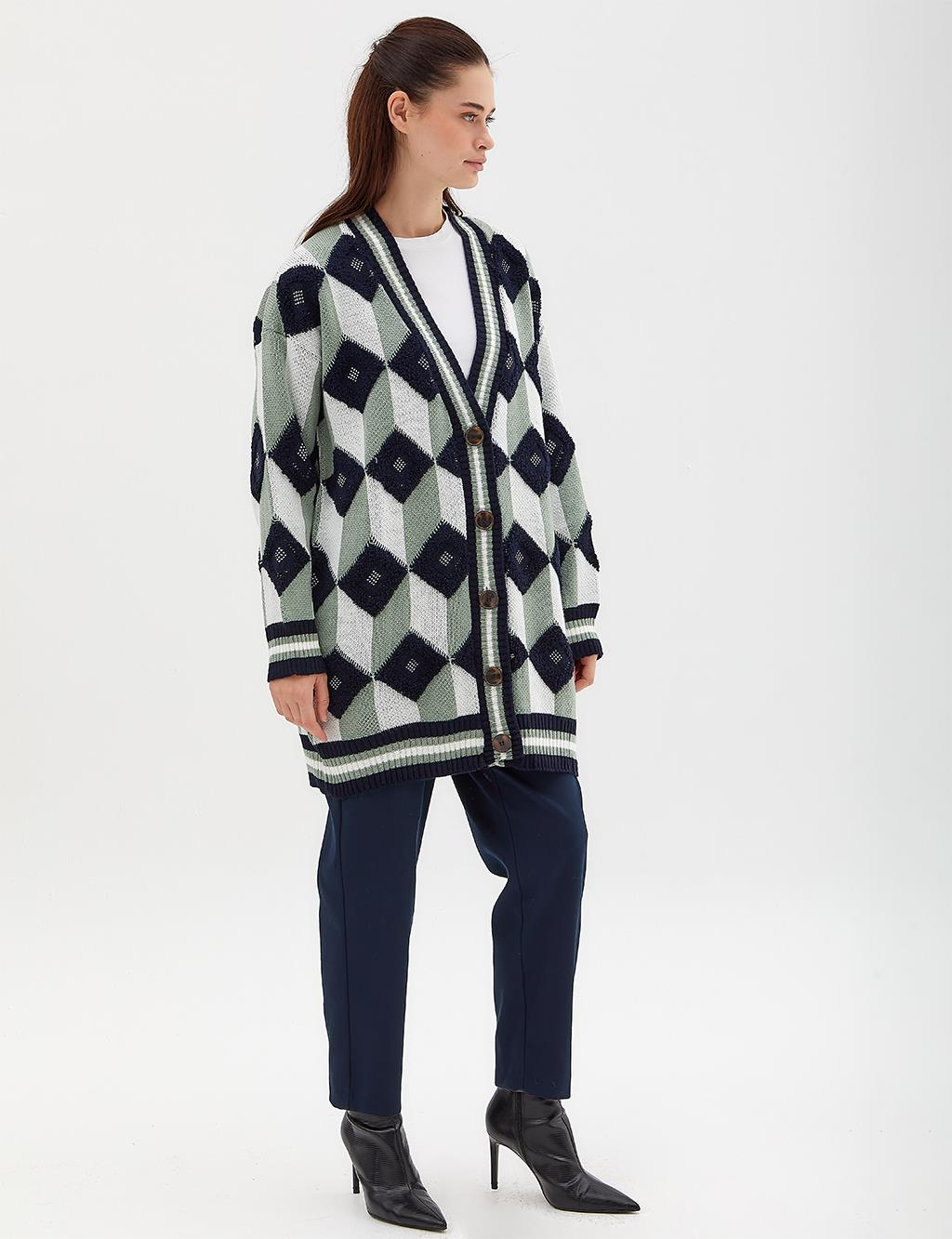 Square Motif Knitwear Cardigan Navy