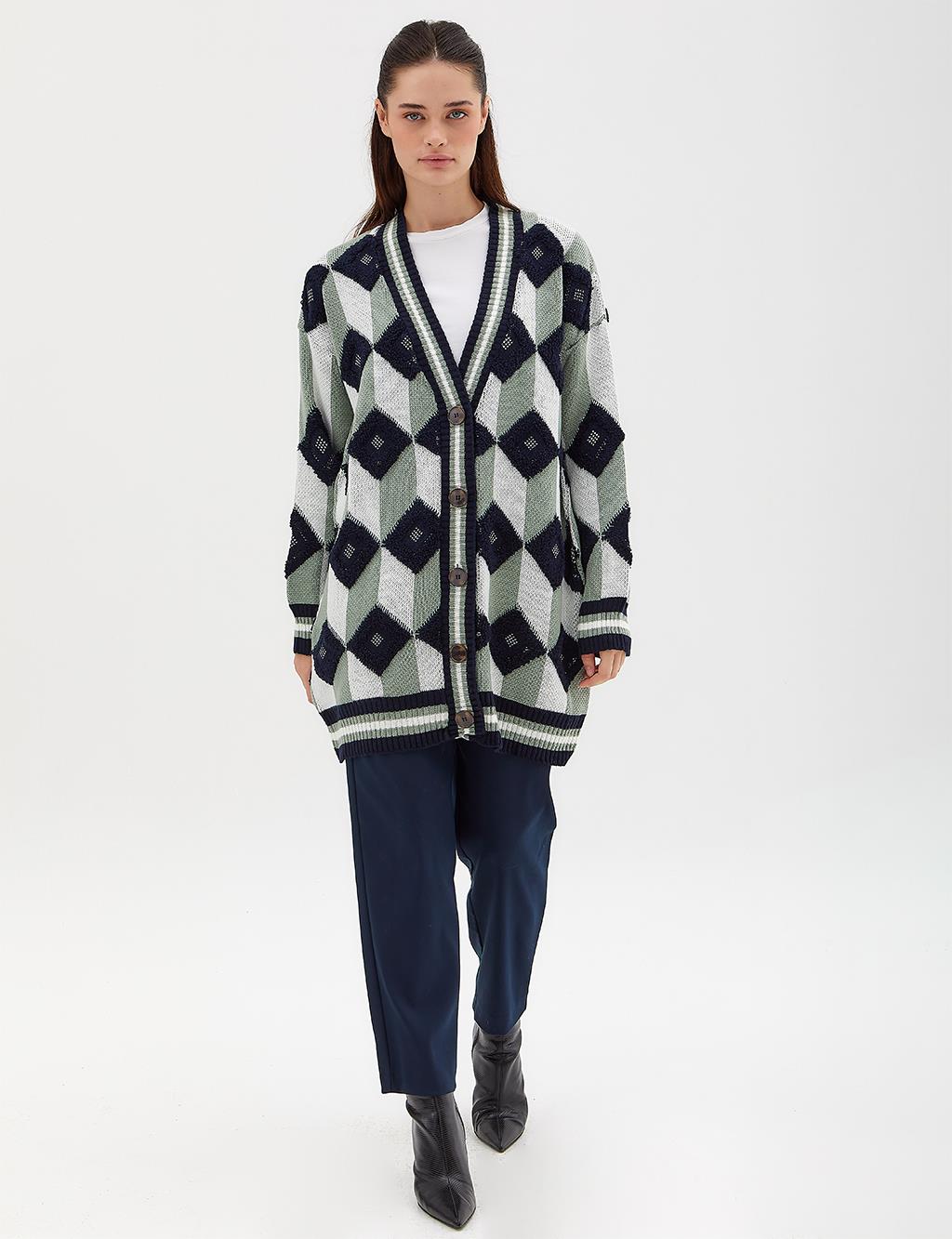 Square Motif Knitwear Cardigan Navy