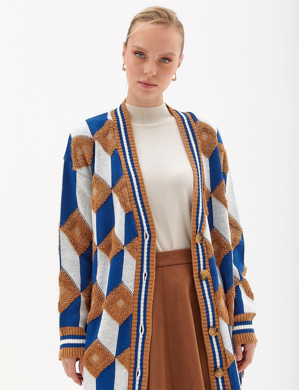 Geometric Pattern Cardigan Camel