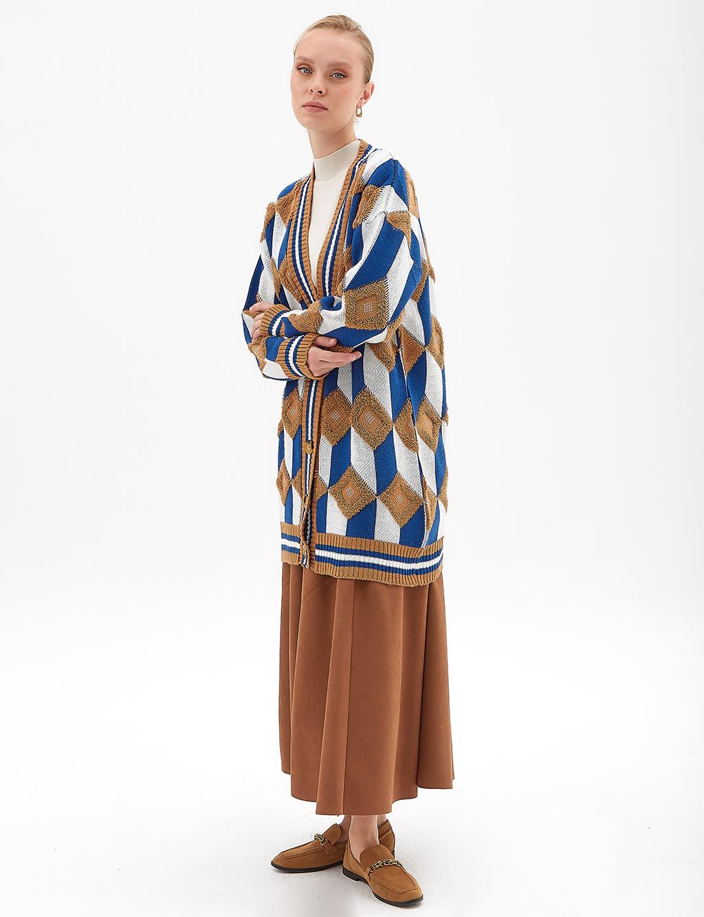 Geometric Pattern Cardigan Camel