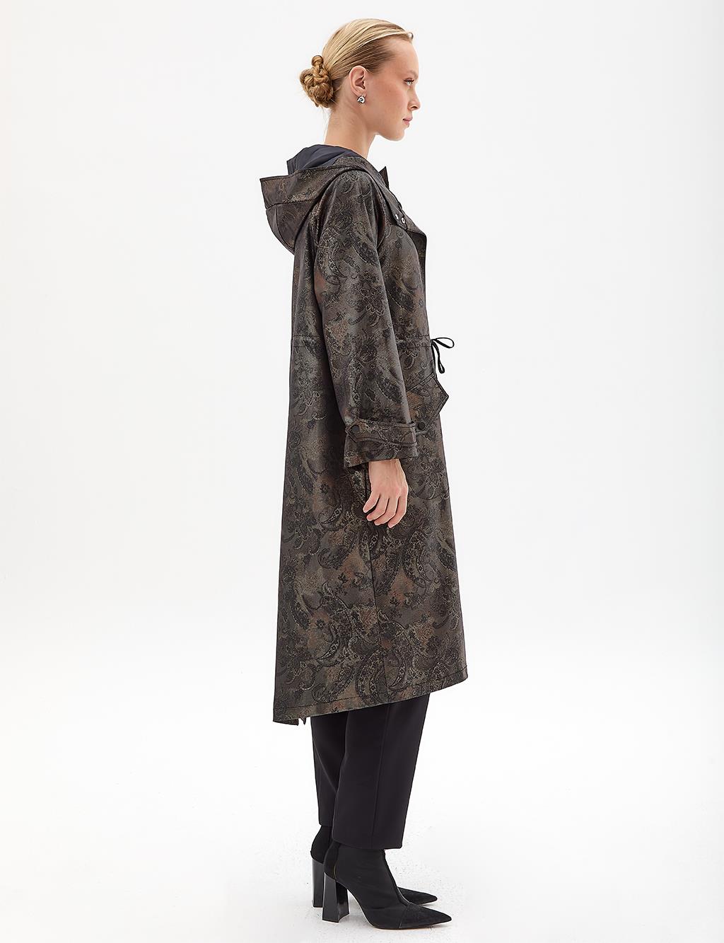 Overize Trench Coat With Floral Pattern Black