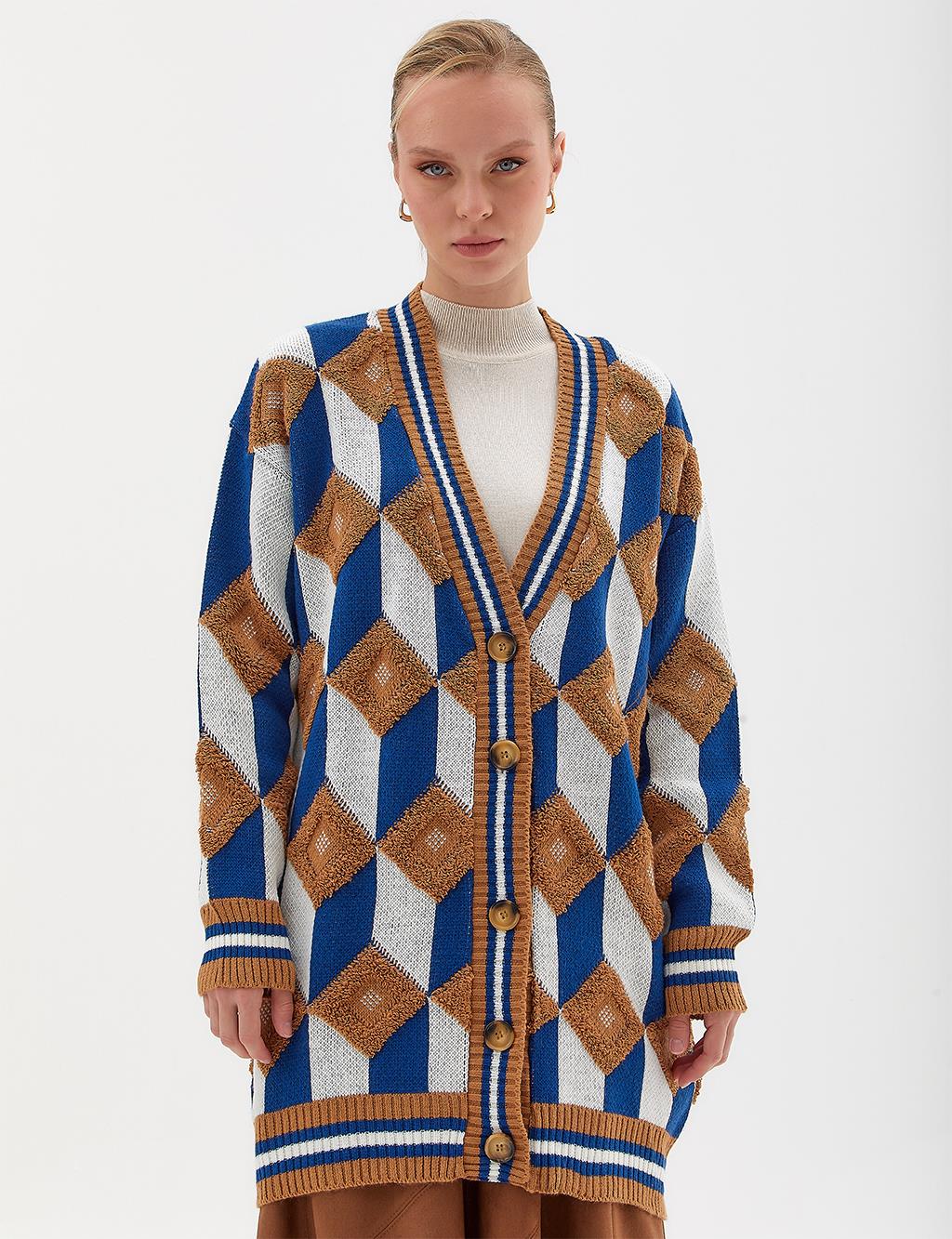 Geometric Pattern Cardigan Camel