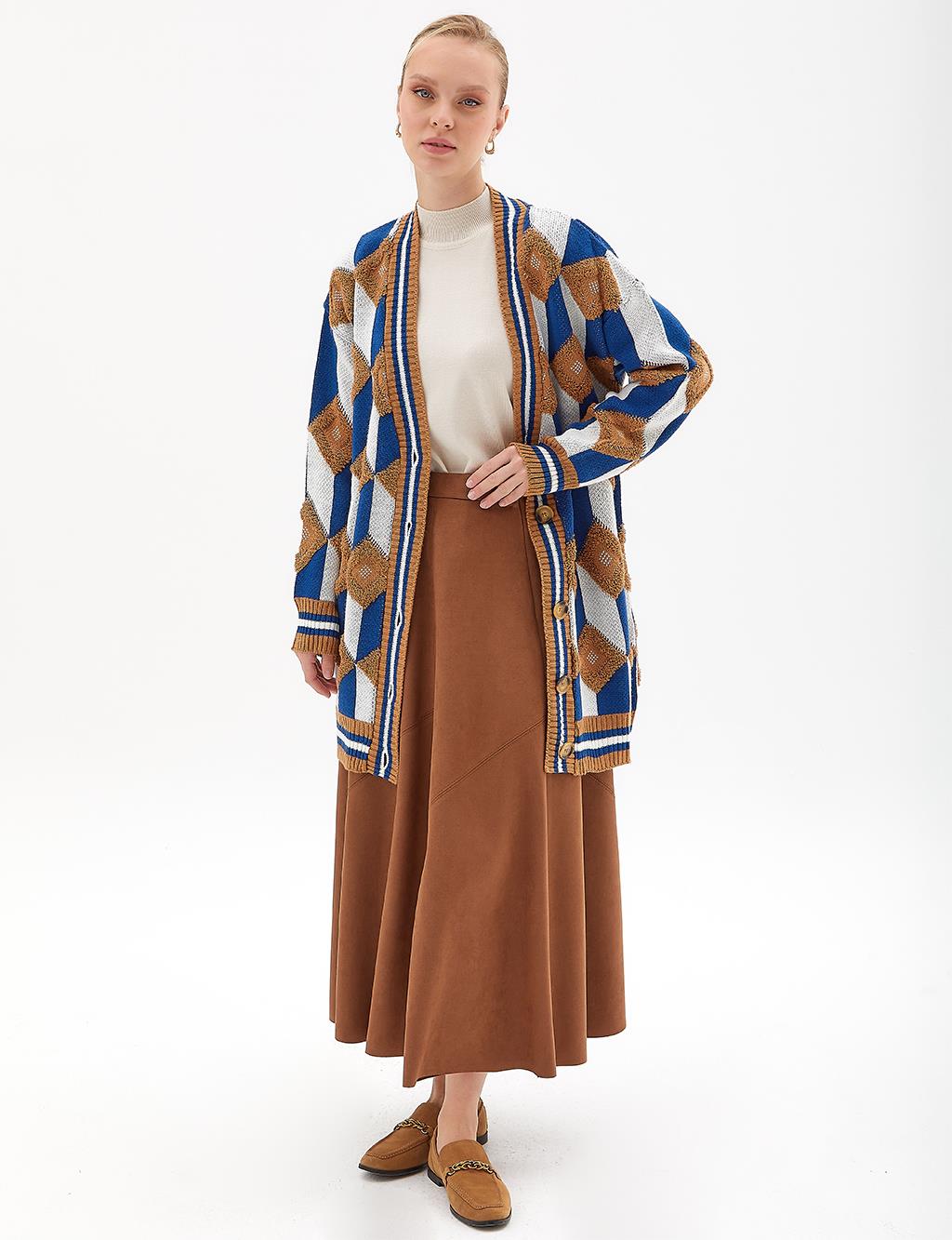 Geometric Pattern Cardigan Camel