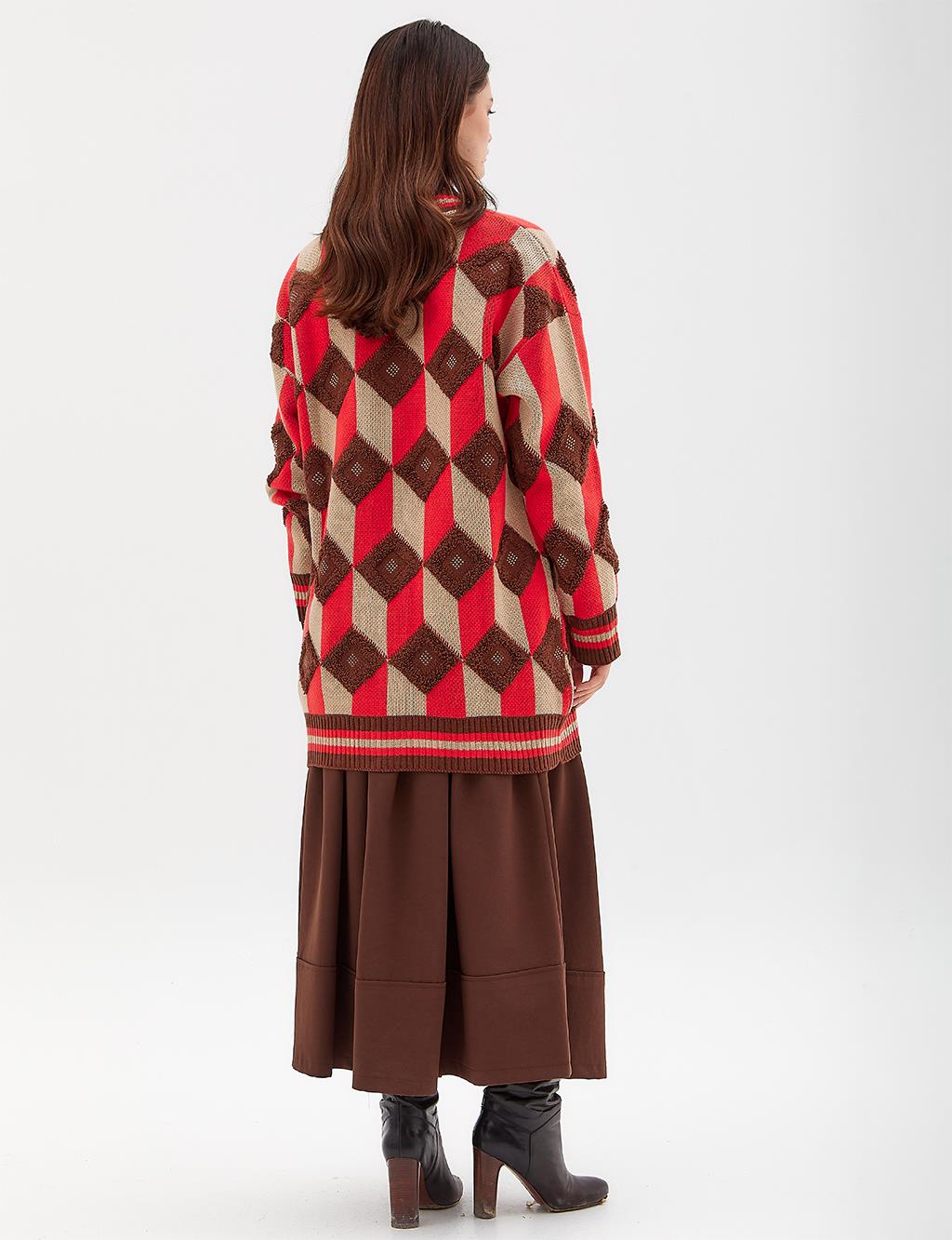 Square Motif Knitwear Cardigan Brown