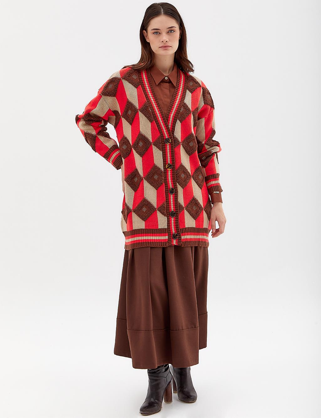 Square Motif Knitwear Cardigan Brown