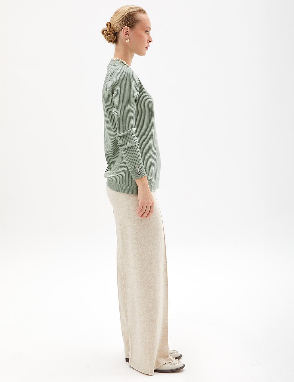 Crew Neck Ribbed Knitwear Blouse Moss Green