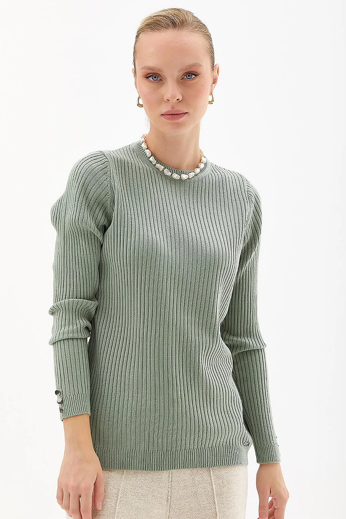 Zero Collar Ribbed Knitted Sweater Moss Green