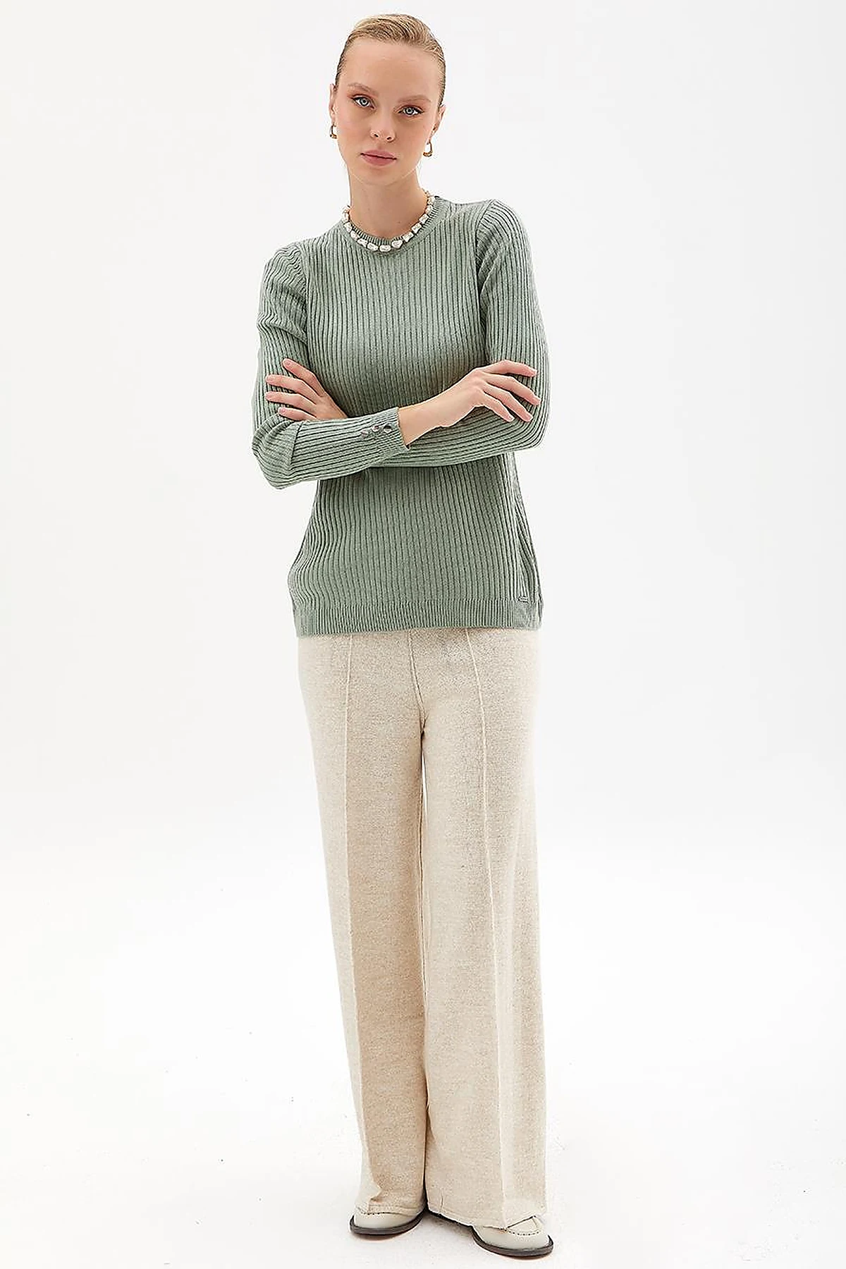 Zero Collar Ribbed Knitted Sweater Moss Green