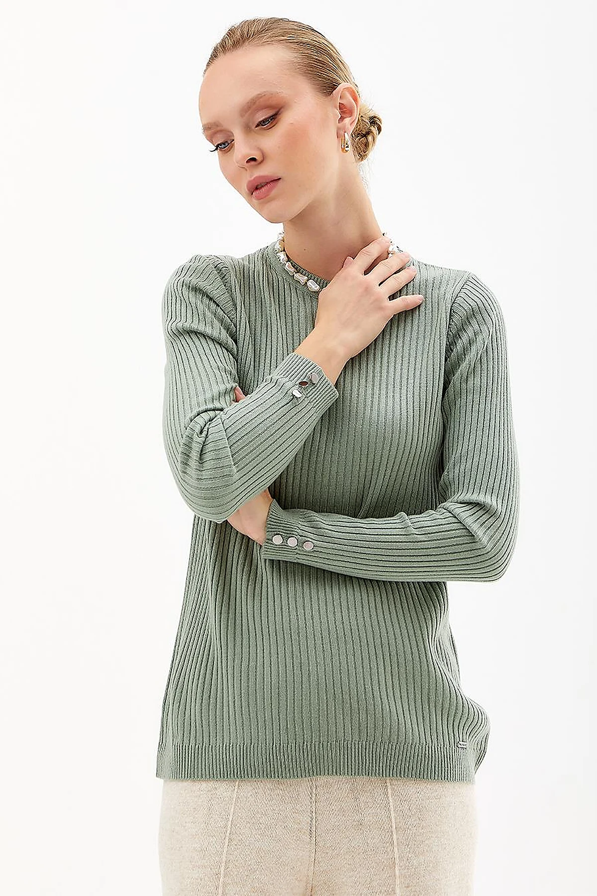 Zero Collar Ribbed Knitted Sweater Moss Green
