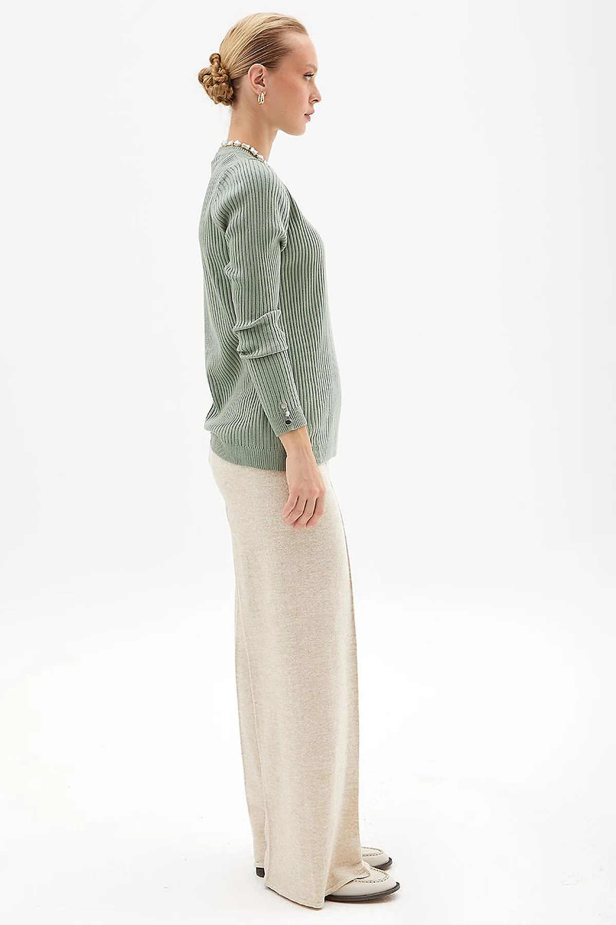 Zero Collar Ribbed Knitted Sweater Moss Green