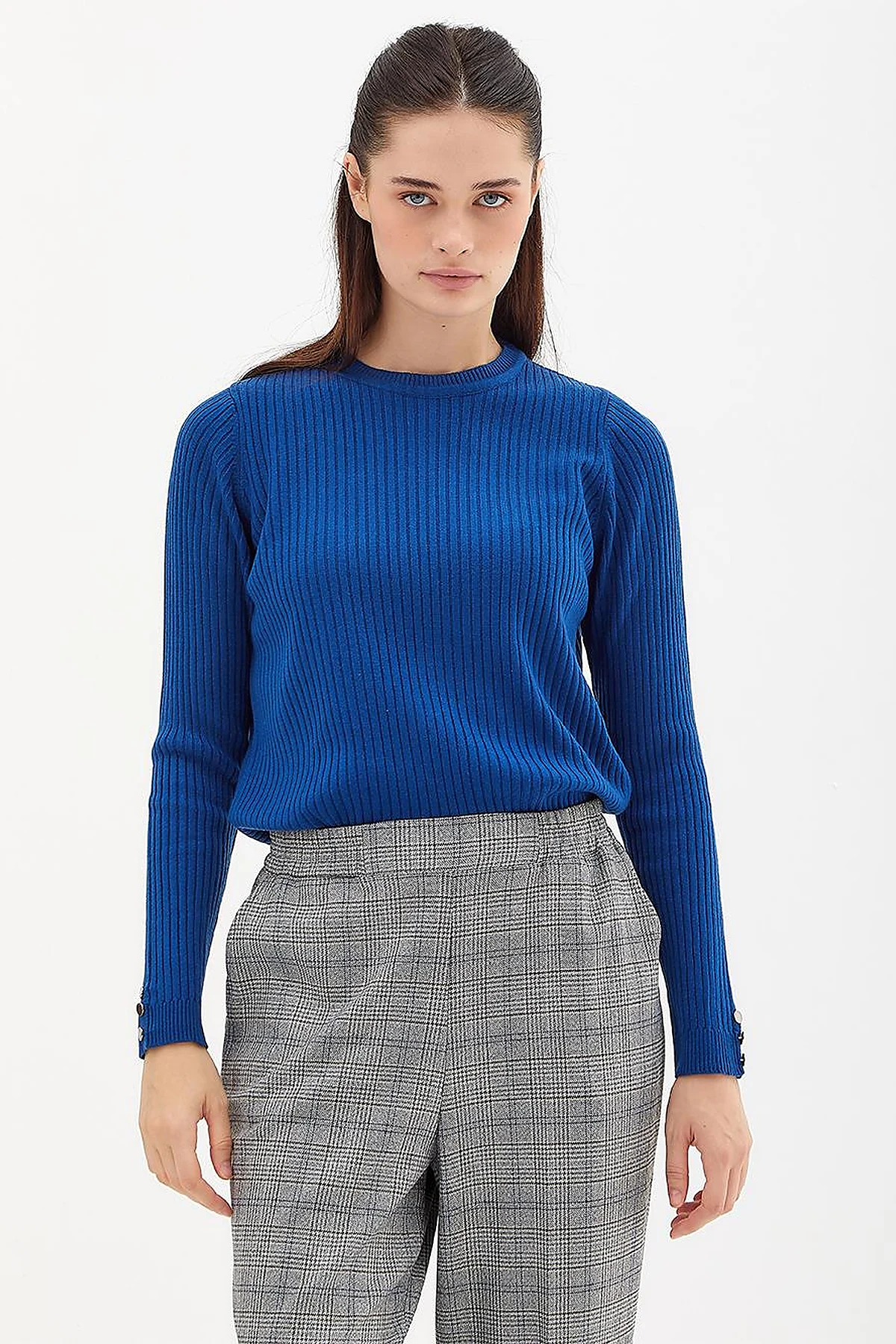 Zero Collar Ribbed Knitted Sweater Sax
