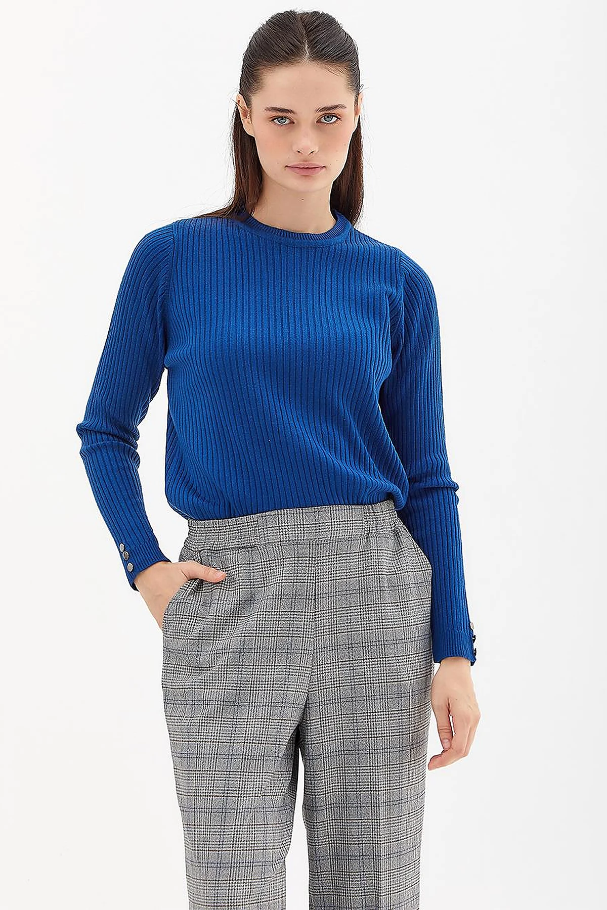 Zero Collar Ribbed Knitted Sweater Sax