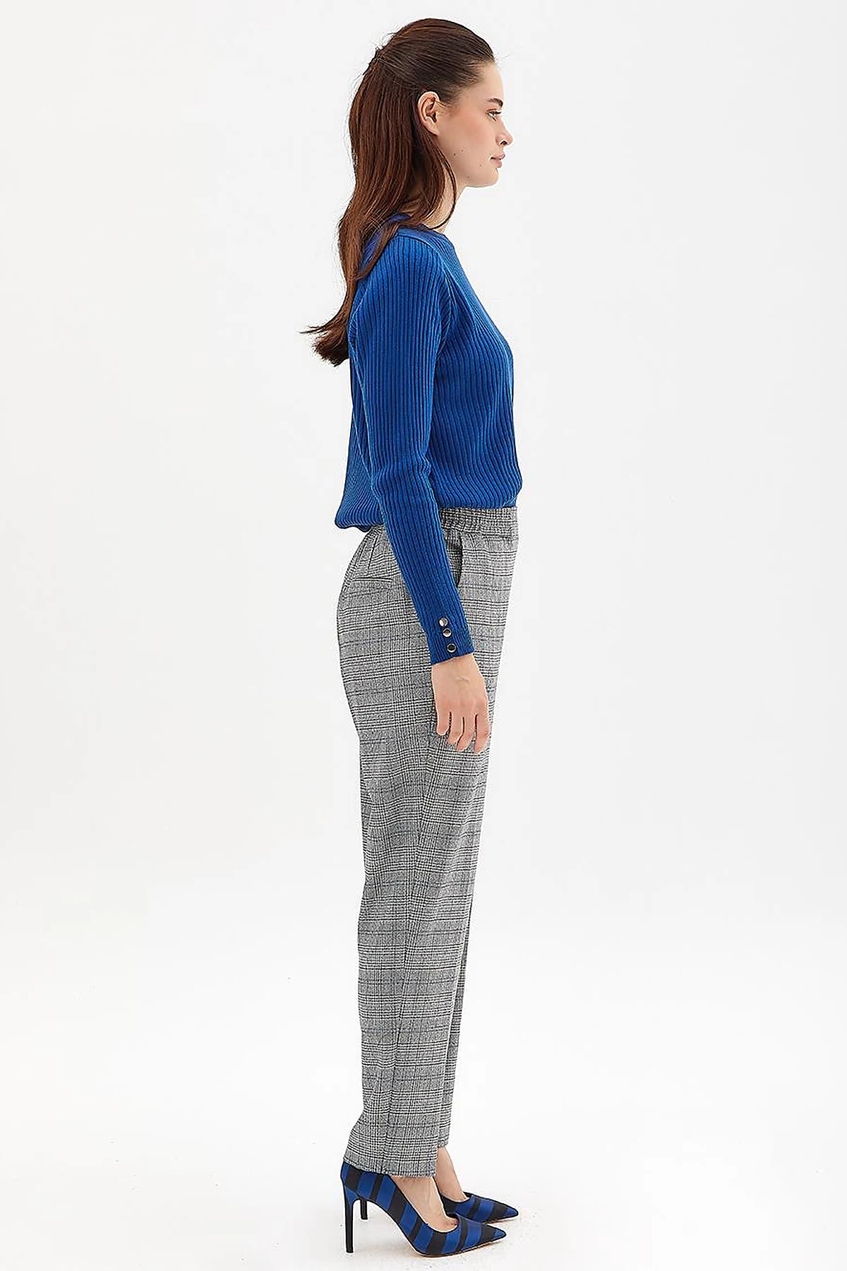 Zero Collar Ribbed Knitted Sweater Sax