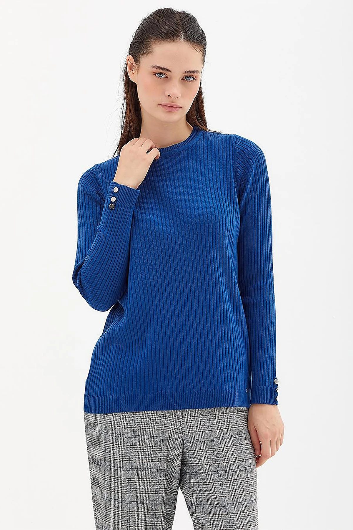 Zero Collar Ribbed Knitted Sweater Sax