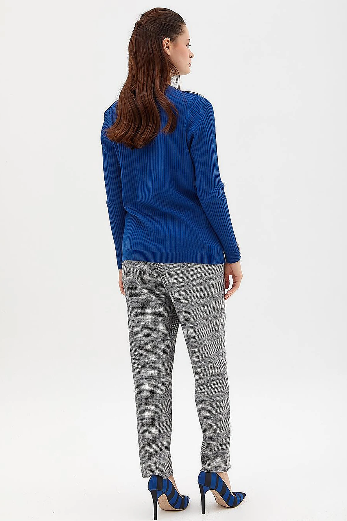 Zero Collar Ribbed Knitted Sweater Sax
