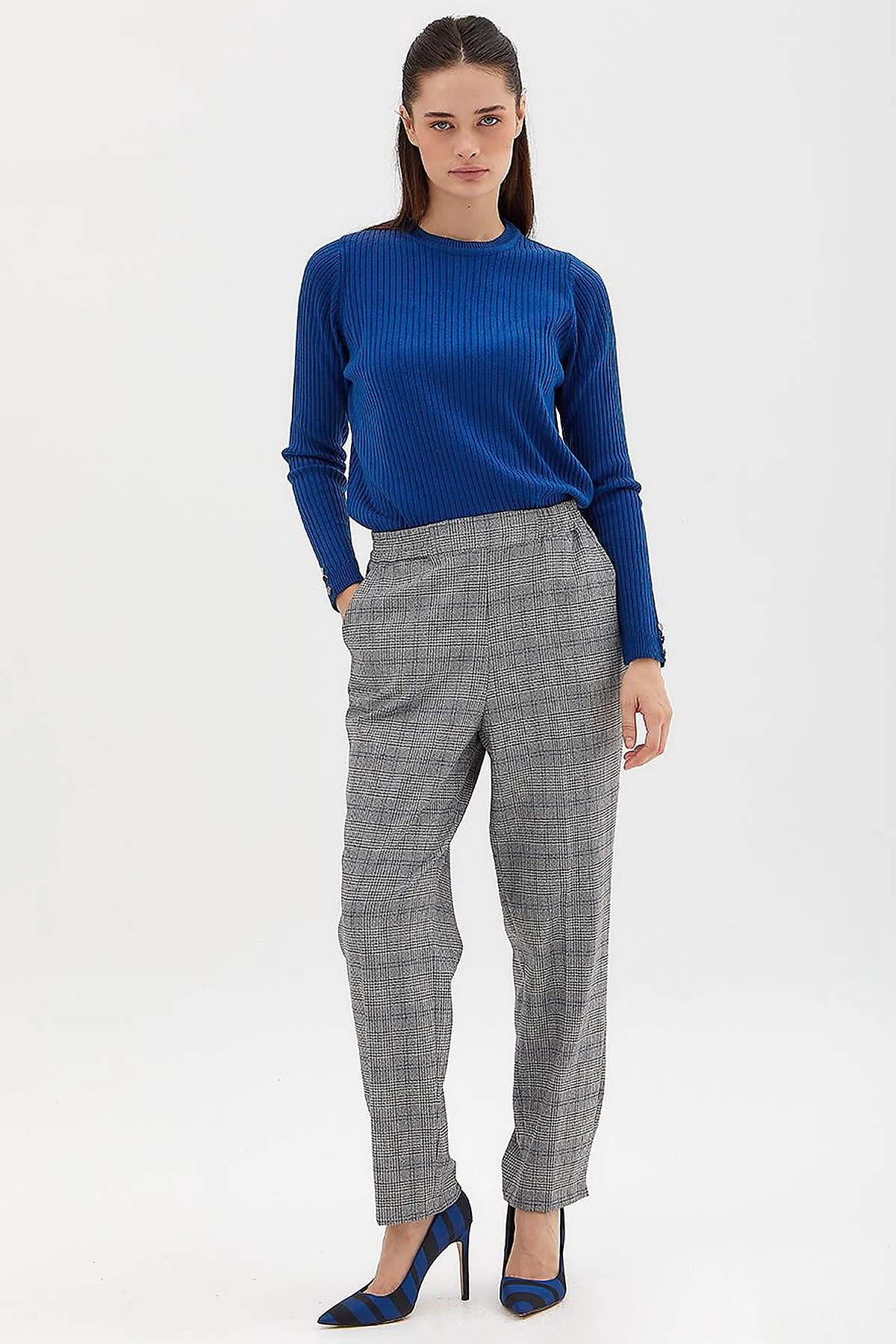 Zero Collar Ribbed Knitted Sweater Sax