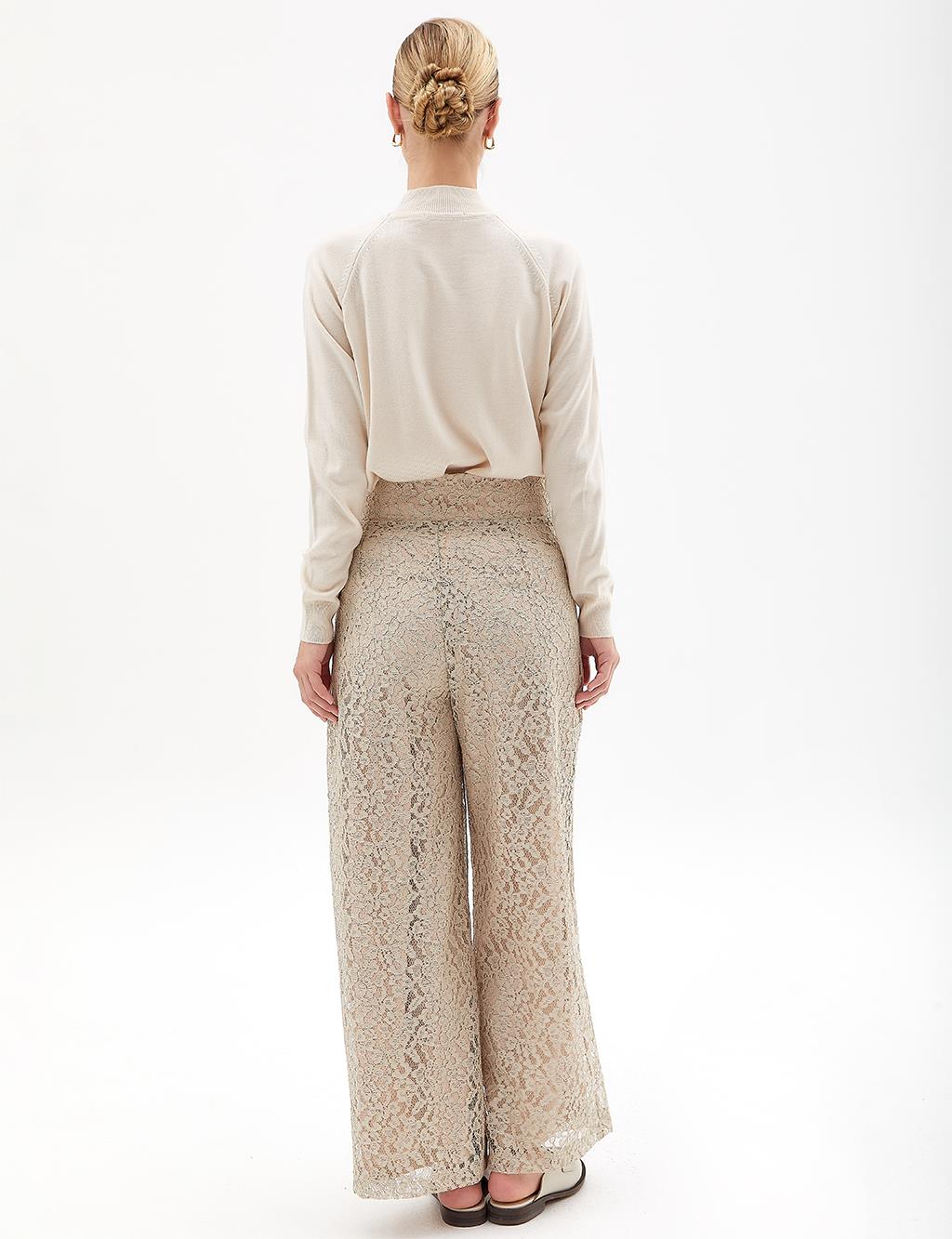 Lace Layered High-Waisted Pants in Cream