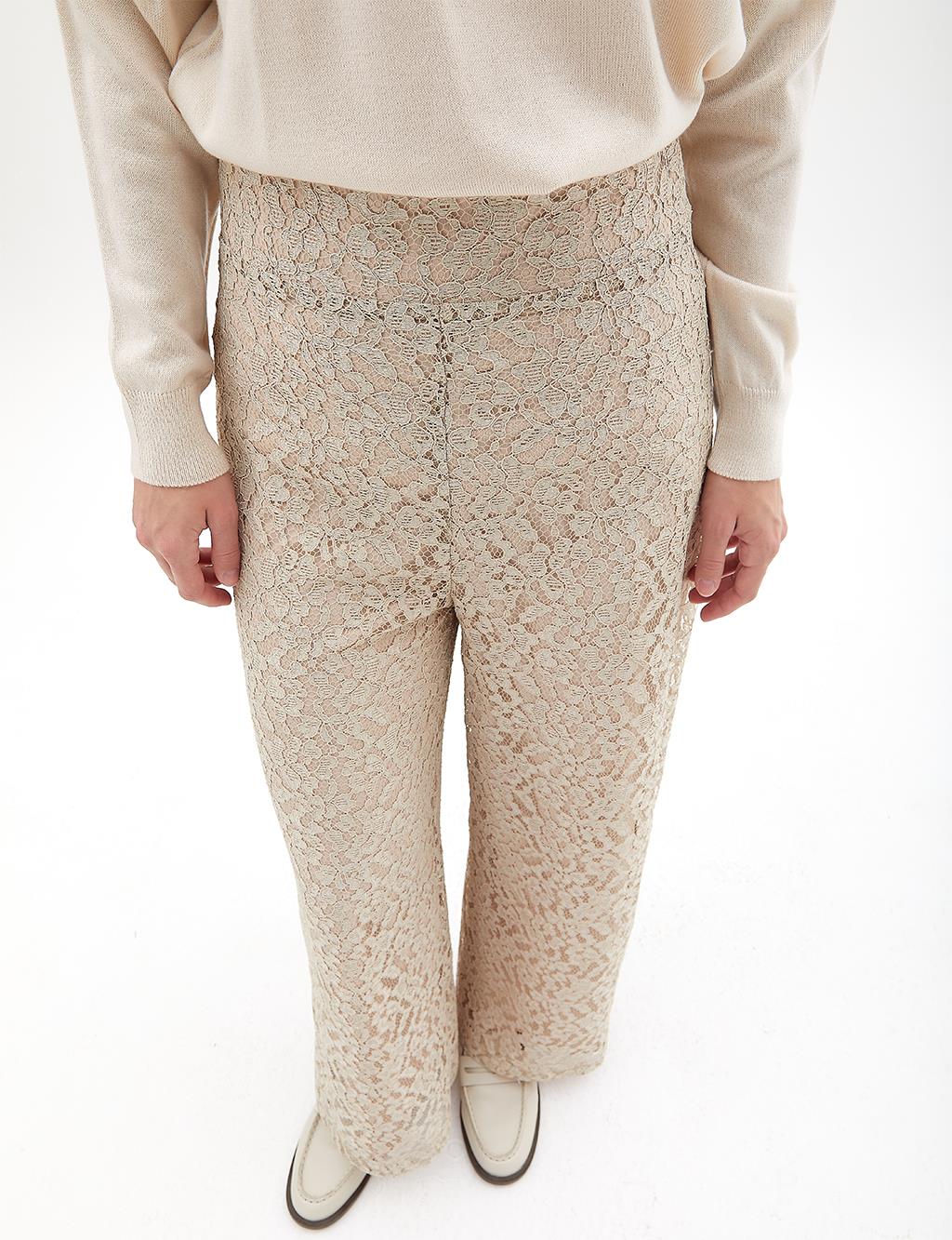 Lace Layered High-Waisted Pants in Cream