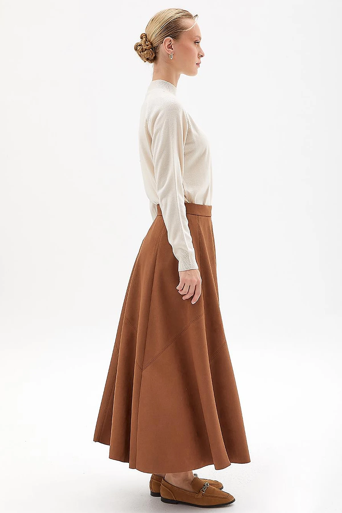 Süet Evaze Etek Camel