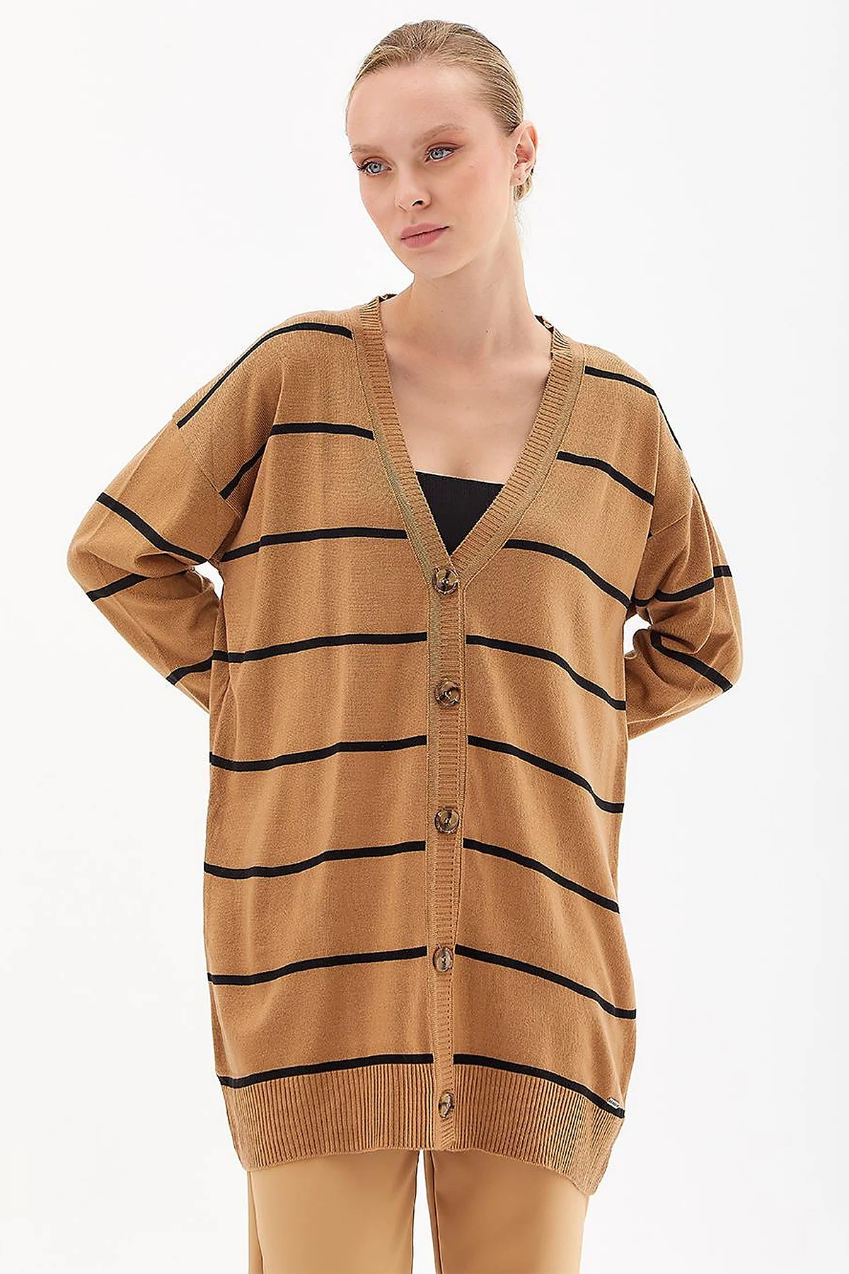 Striped Knitwear Cardigan Beige Black