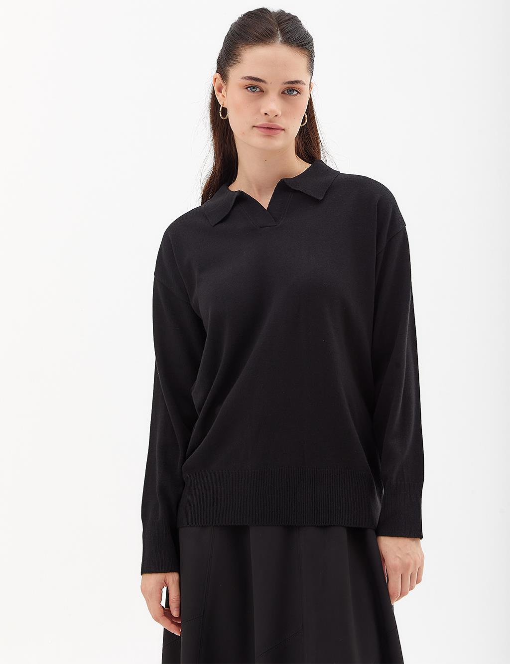 V-Collar Knit Top Black