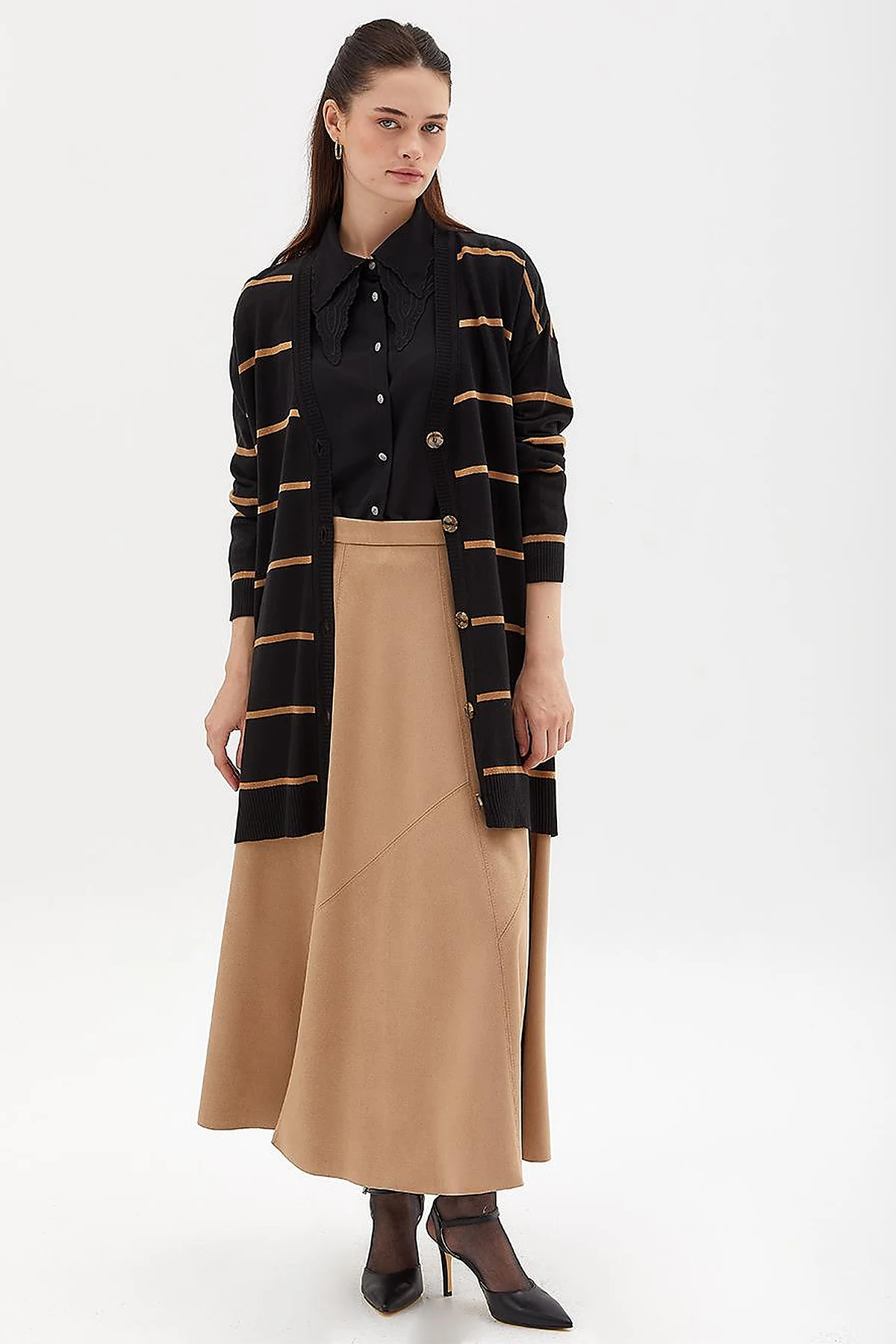 Striped Knitwear Cardigan Black Beige