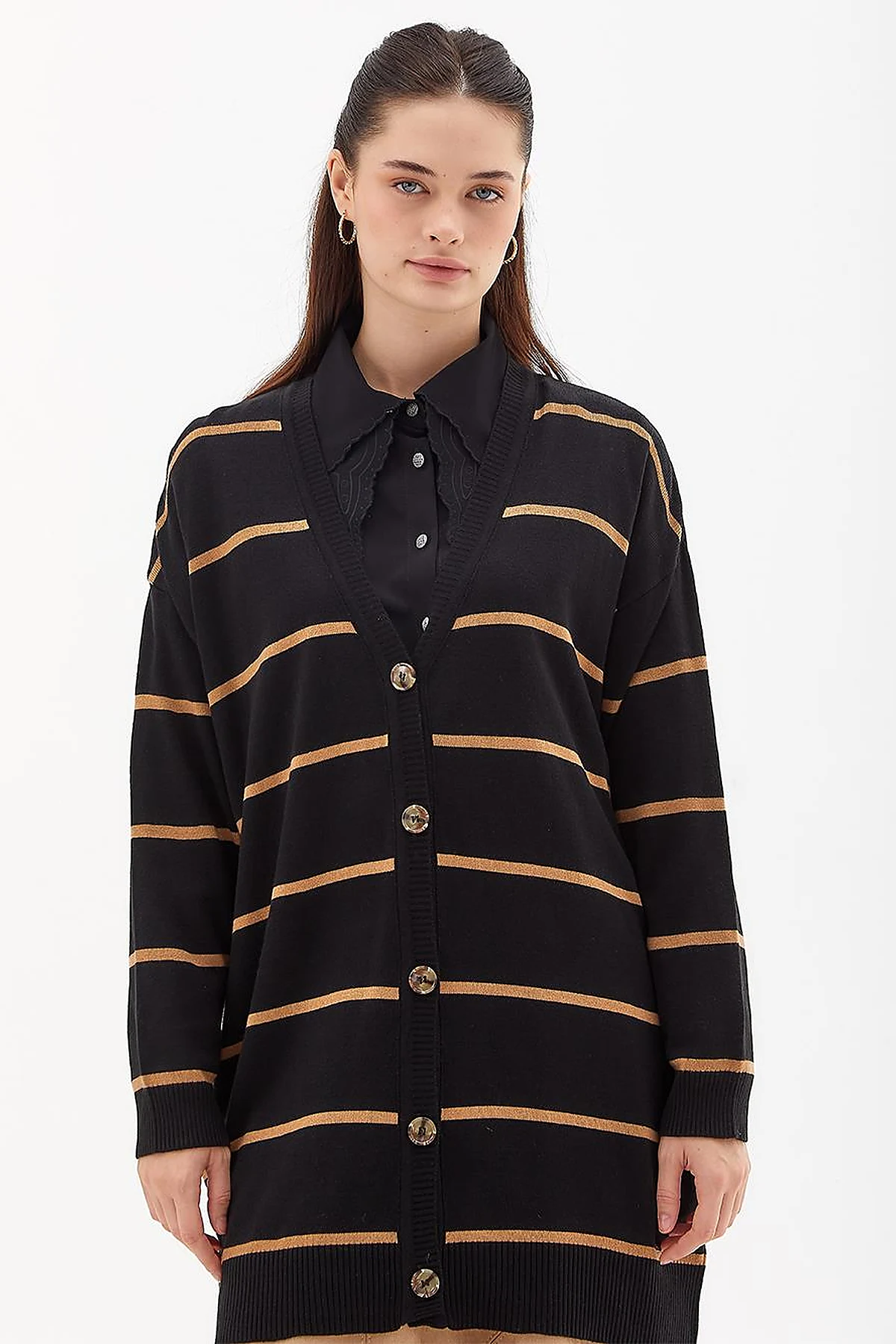 Striped Knitwear Cardigan Black Beige