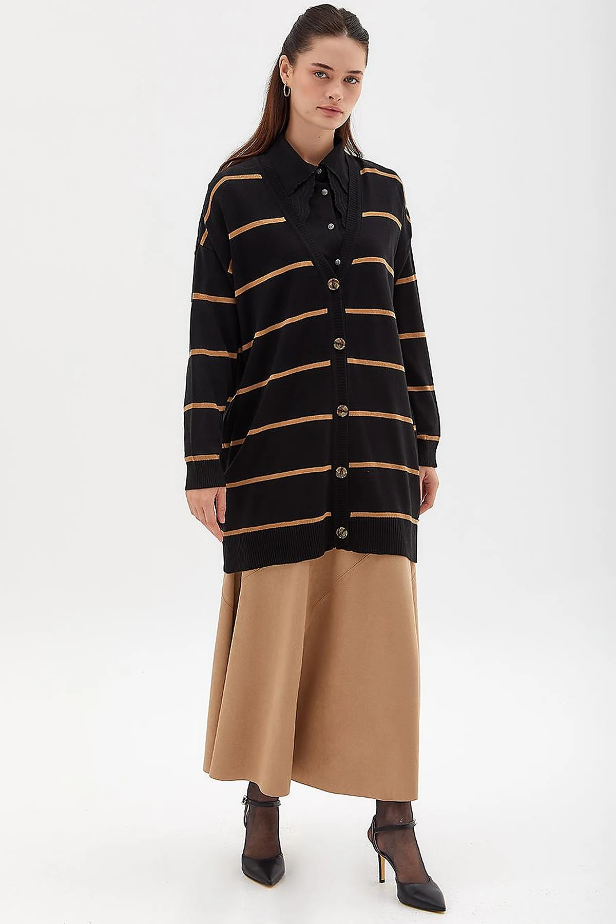 Striped Knitwear Cardigan Black Beige