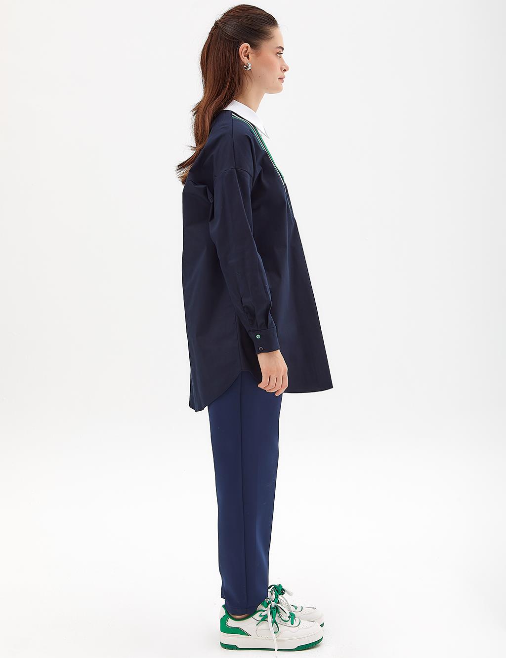 Renkli Şeritli Tunik Koyu Lacivert