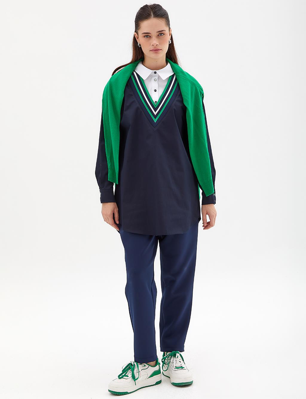 Renkli Şeritli Tunik Koyu Lacivert