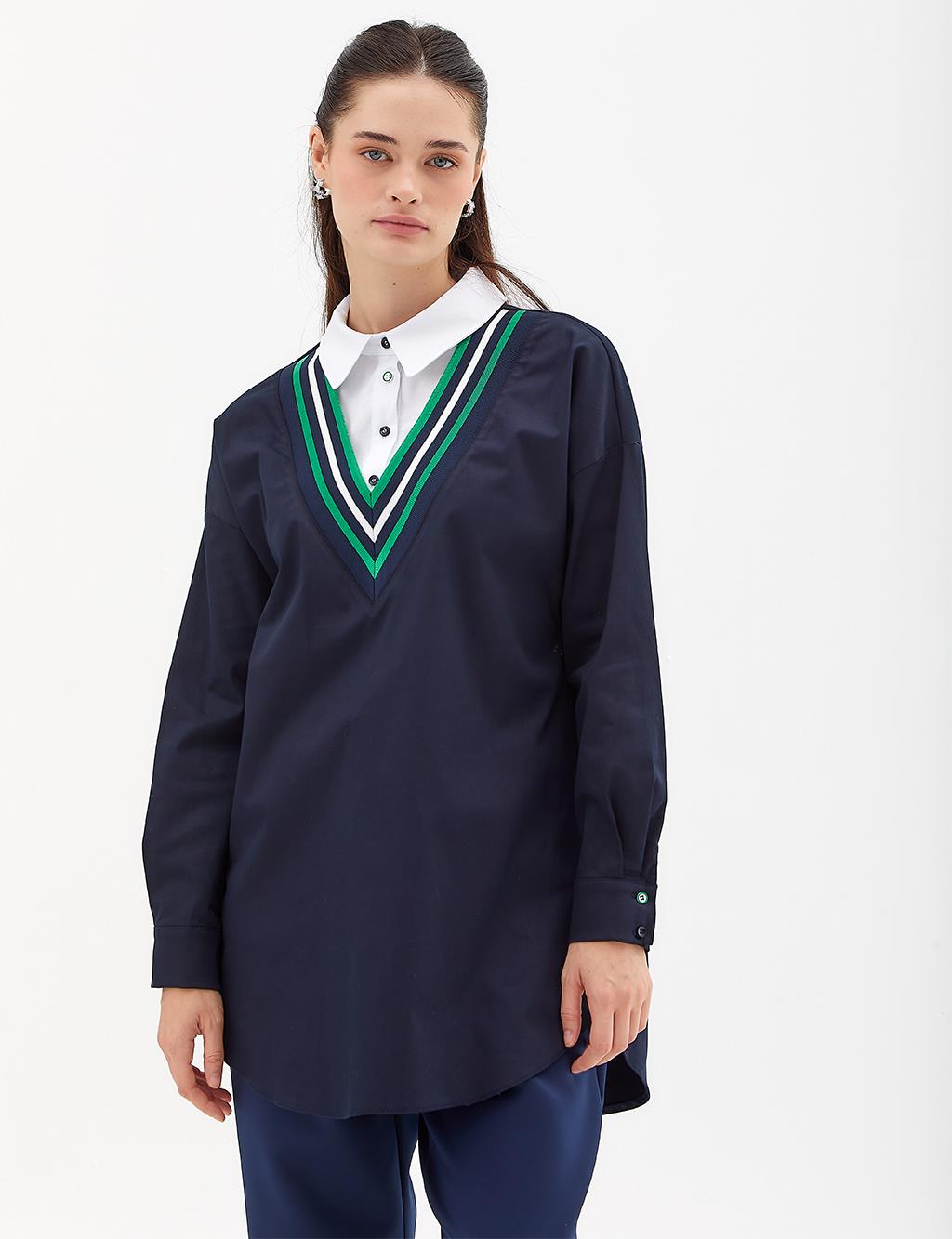 Renkli Şeritli Tunik Koyu Lacivert