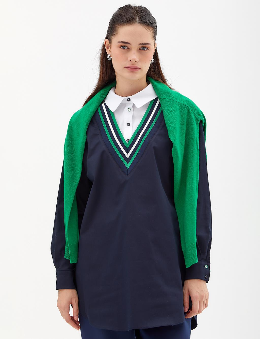 Renkli Şeritli Tunik Koyu Lacivert