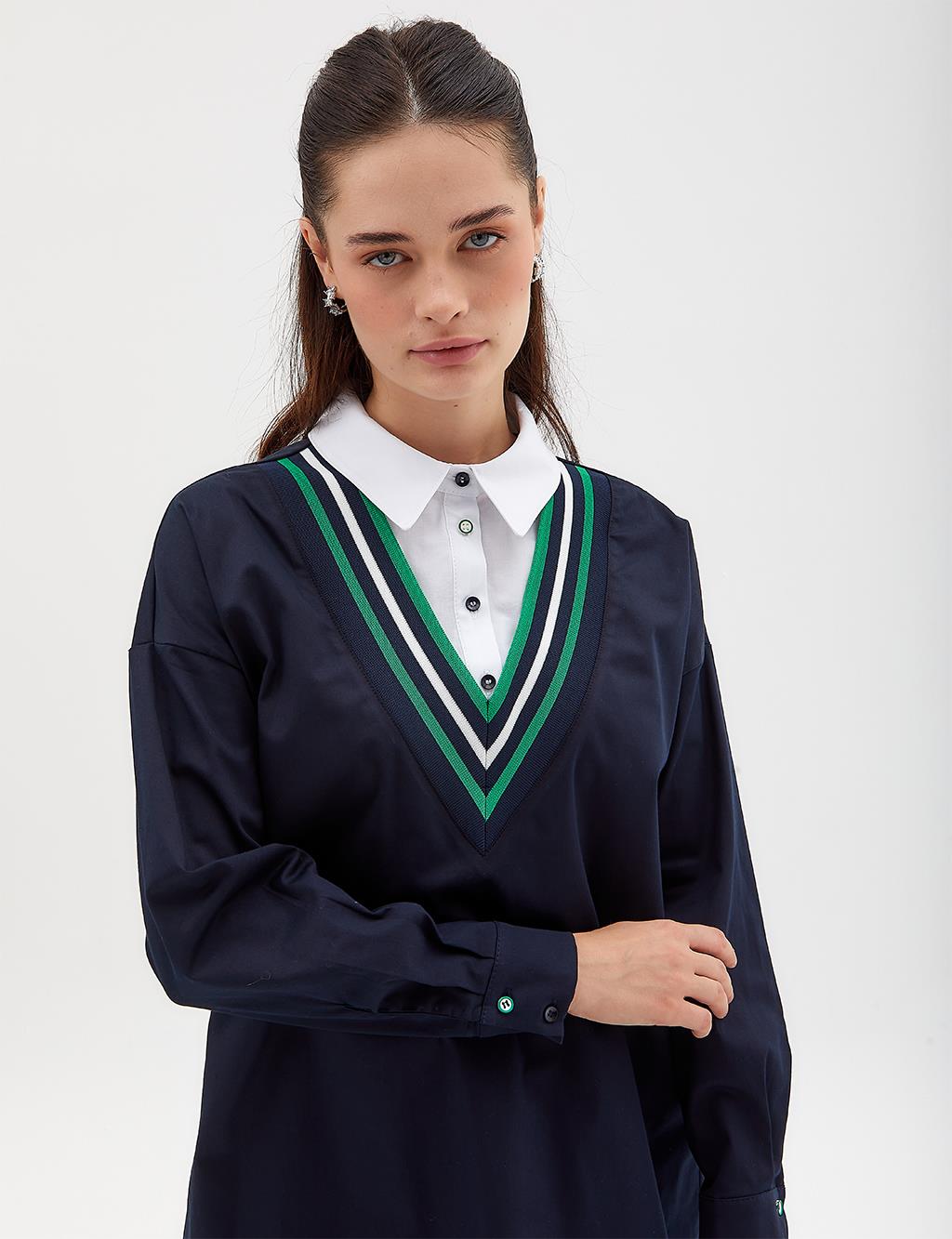 Renkli Şeritli Tunik Koyu Lacivert